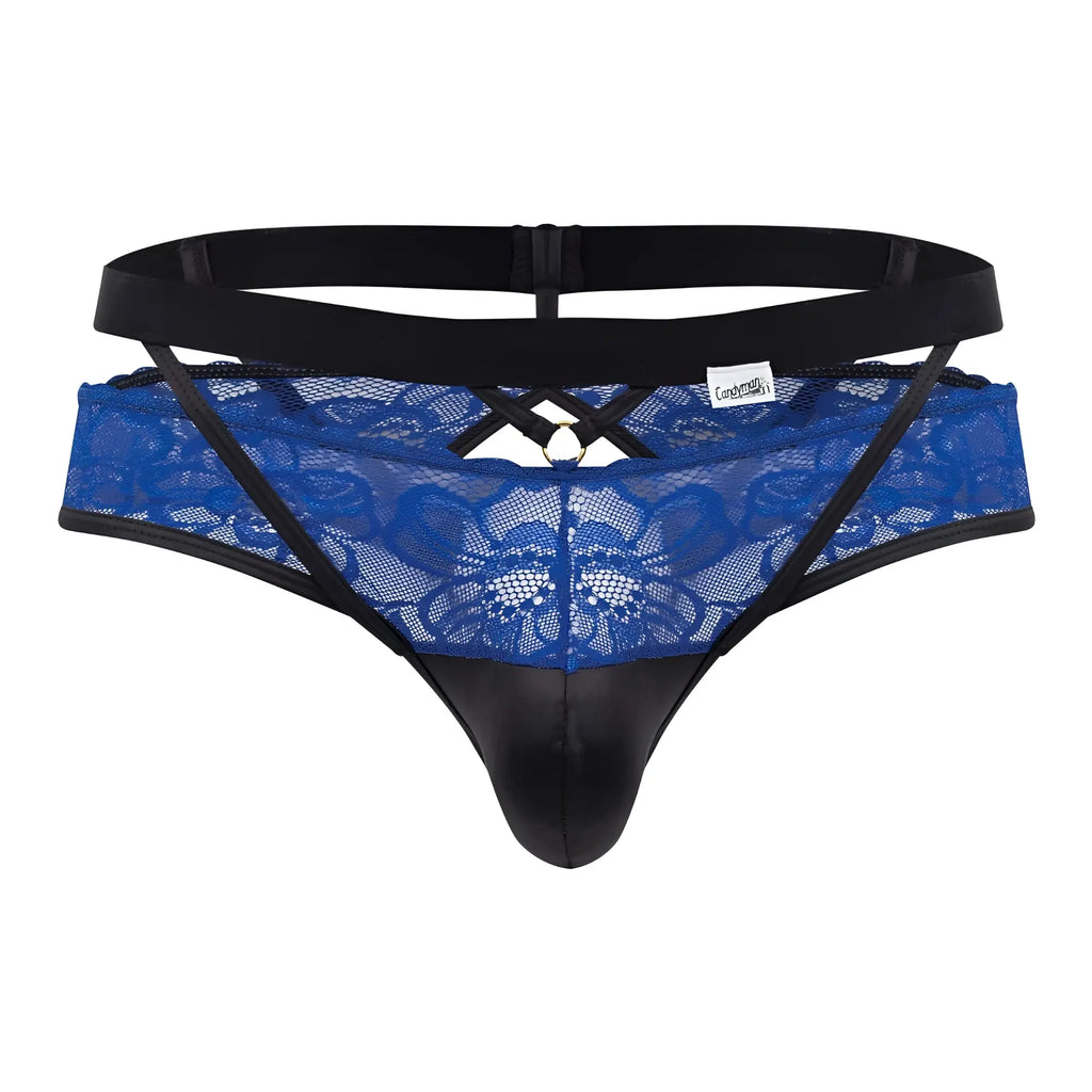 Bluelace thong CandyMan 99627 with black elastic waistband and faux leather front panel for stylish wear