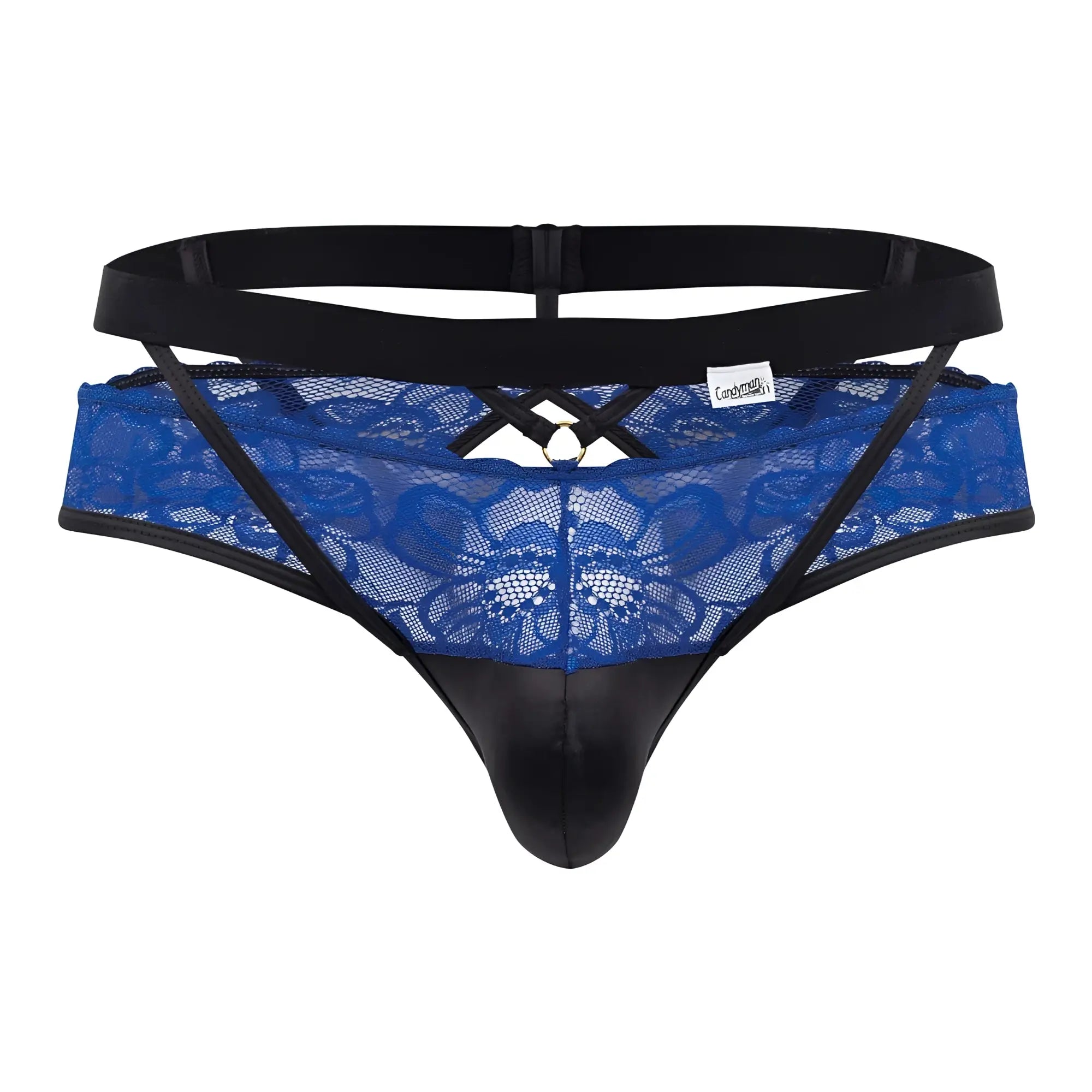 Bluelace thong CandyMan 99627 with black elastic waistband and faux leather front panel for stylish wear