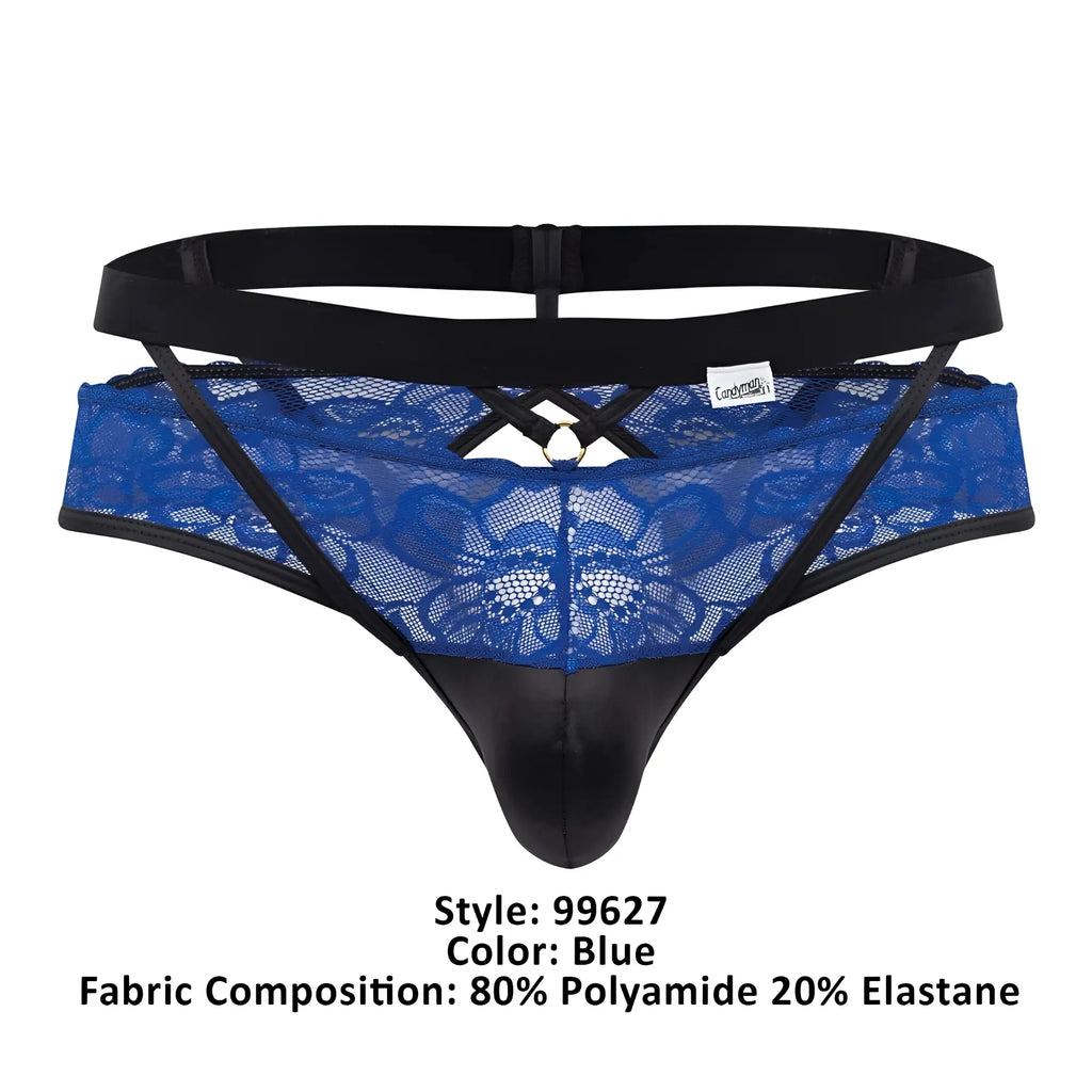 Blue candyMan 99627 lace jockstrap thong with black elastic waistband and side straps featuring metal ring detail