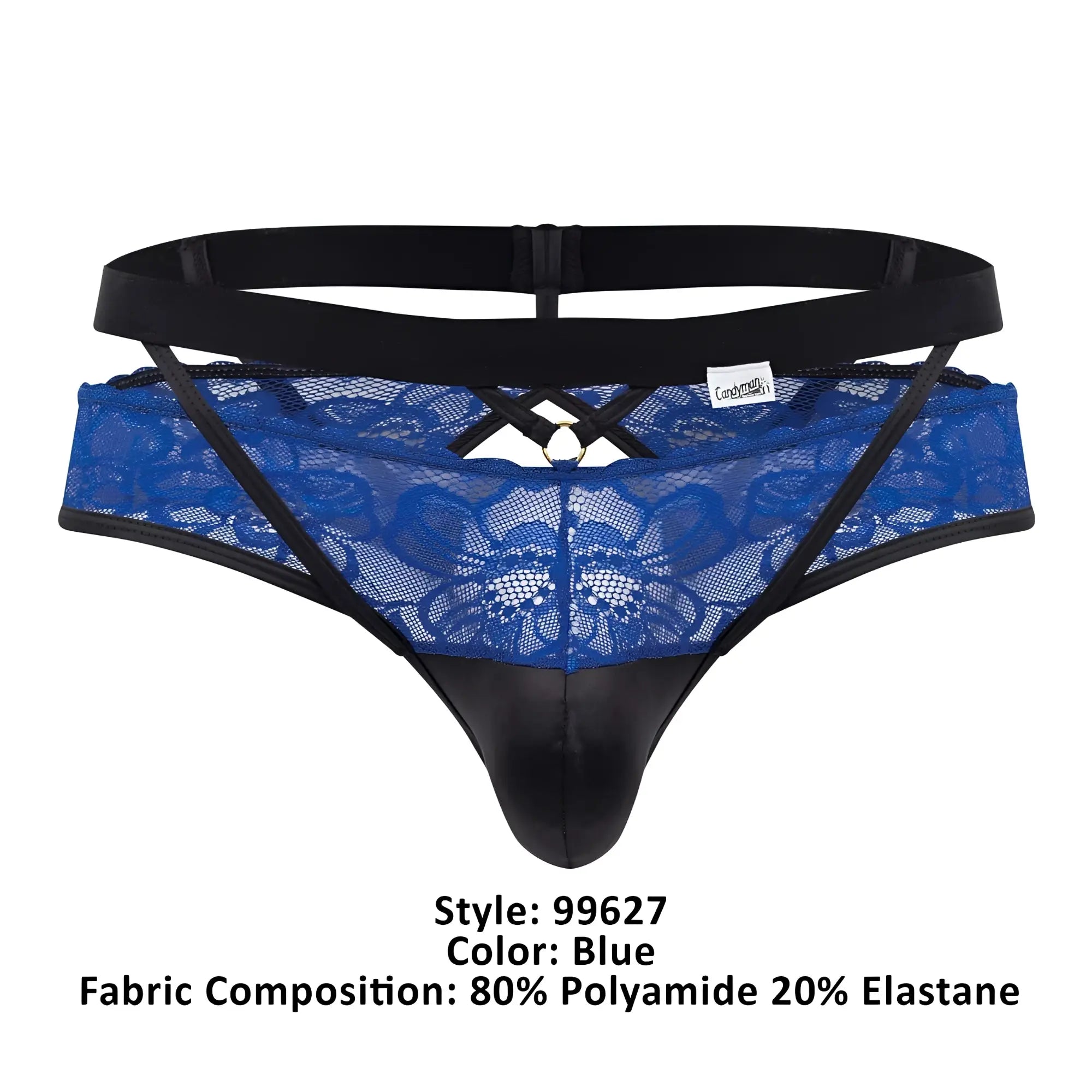 Blue candyMan 99627 lace jockstrap thong with black elastic waistband and side straps featuring metal ring detail