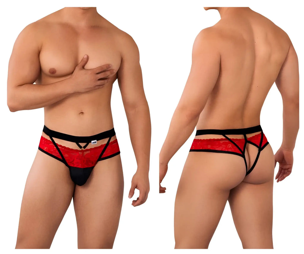 Red and black lace thong with bold intricate pattern from Candyman 99627 lace jockstrap collection