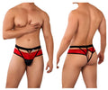 Red and black lace thong with bold intricate pattern from Candyman 99627 lace jockstrap collection