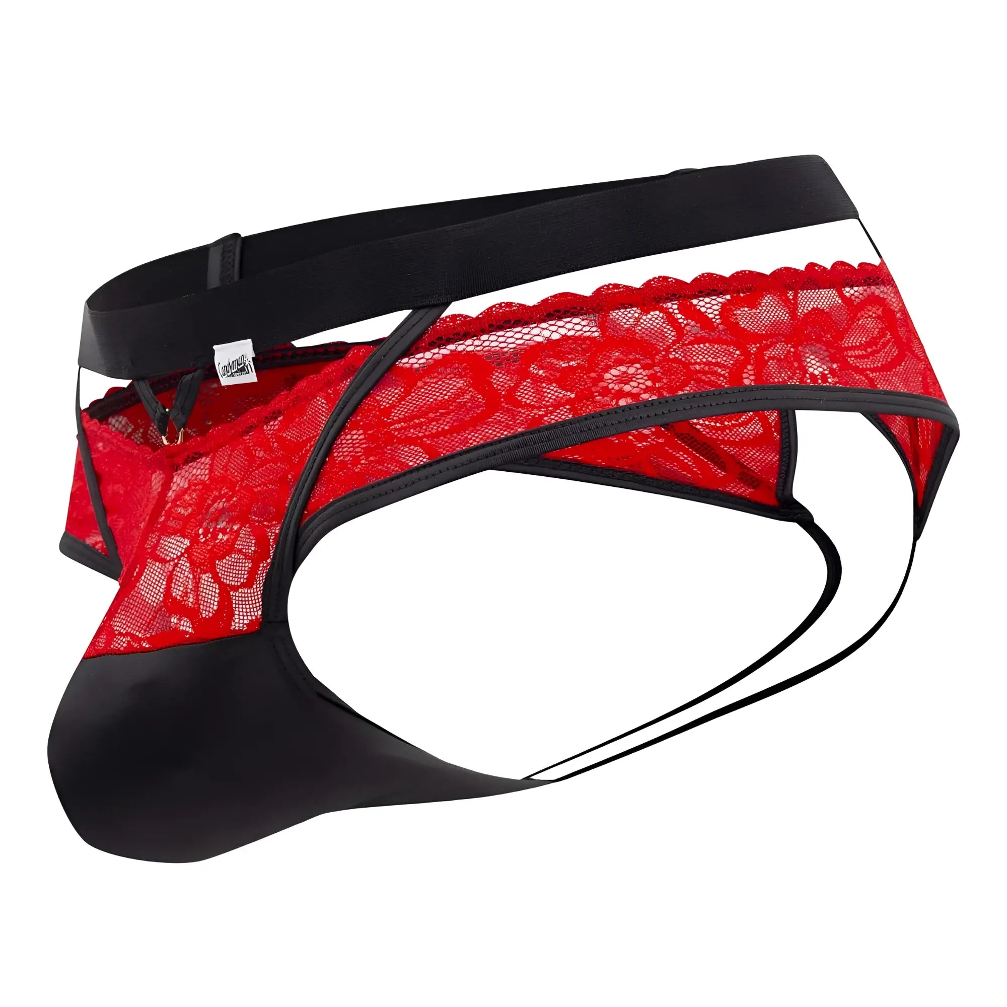 Red and black lace thong with satin finish from candyman 99627 lace jockstrap collection in red color