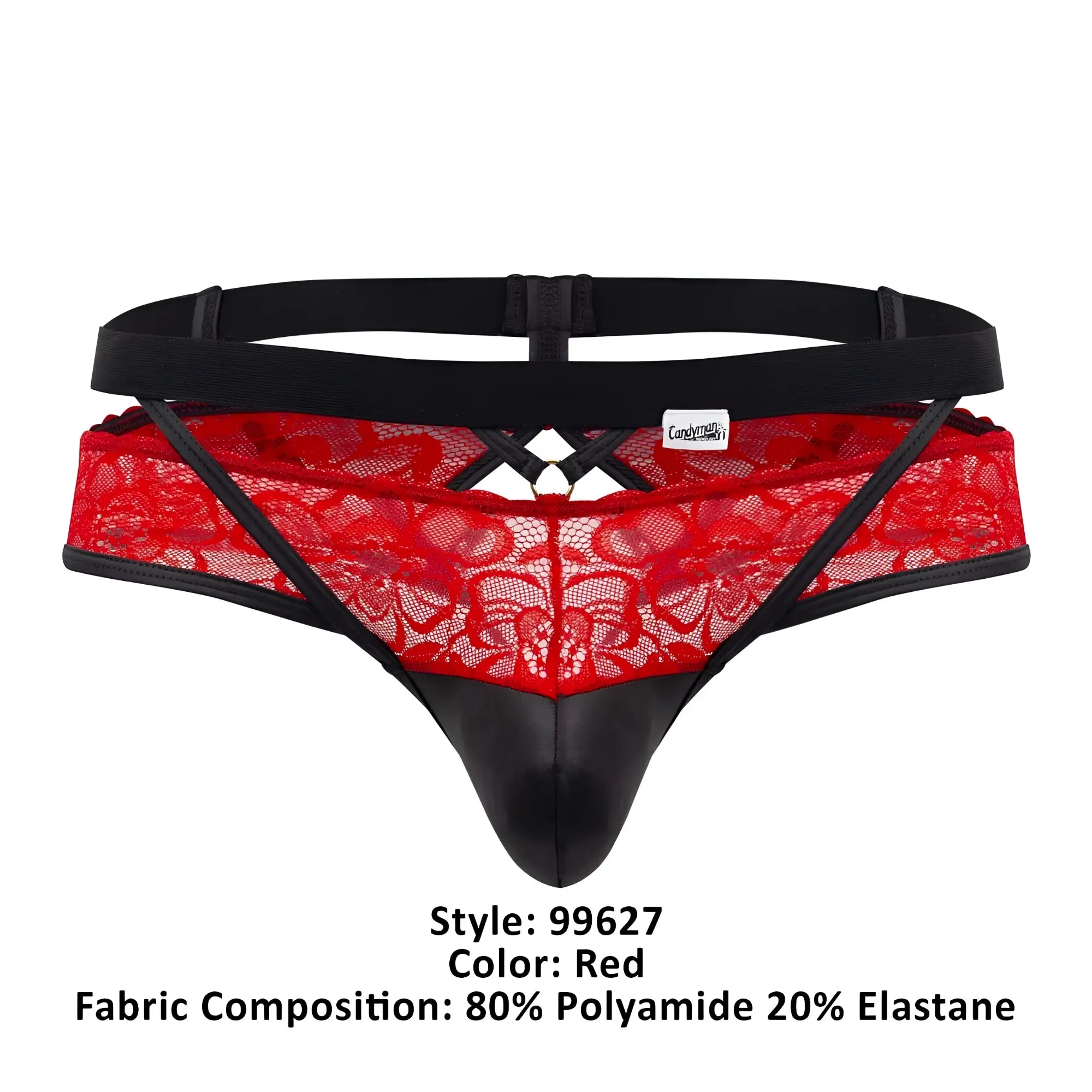Red lace thong lace jockstrap with black elastic waistband and faux leather front panel by CandyMan in red