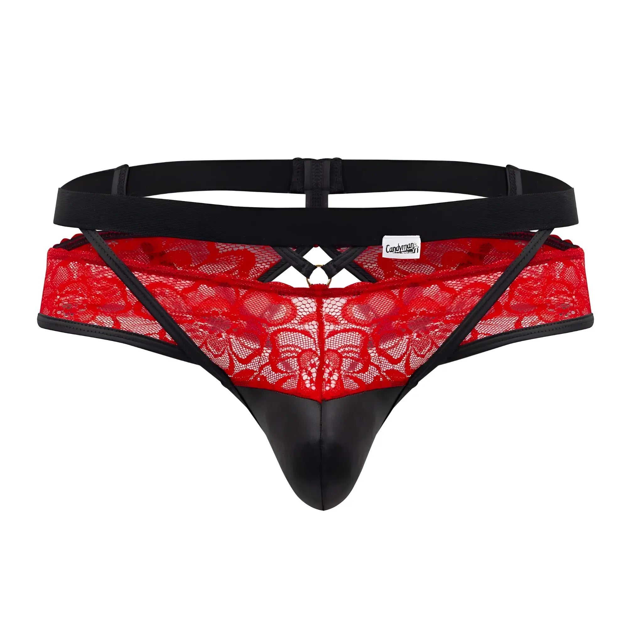 CandyMan 99627 lace jockstrap in red with black leather trim and adjustable elastic waistband, front view