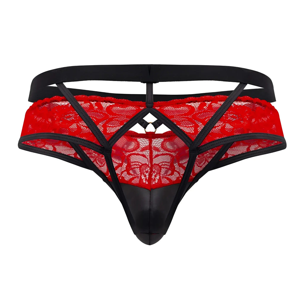 Red lace jockstrap with black straps and glossy black front panel from Candyman 99627 in red color