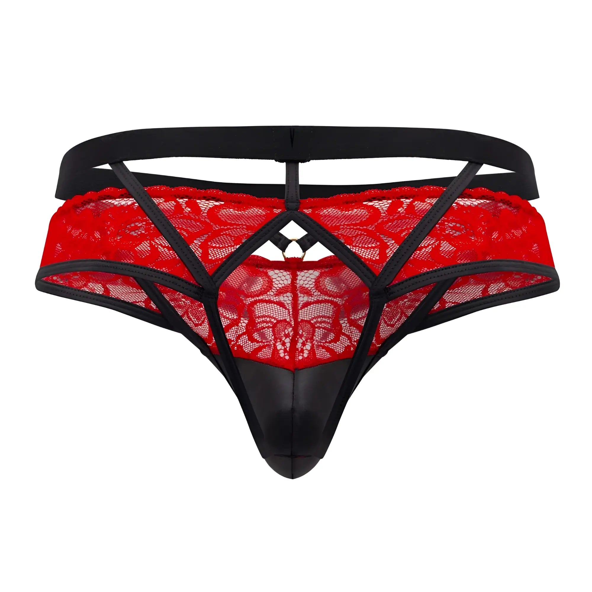 Red lace jockstrap with black straps and glossy black front panel from Candyman 99627 in red color