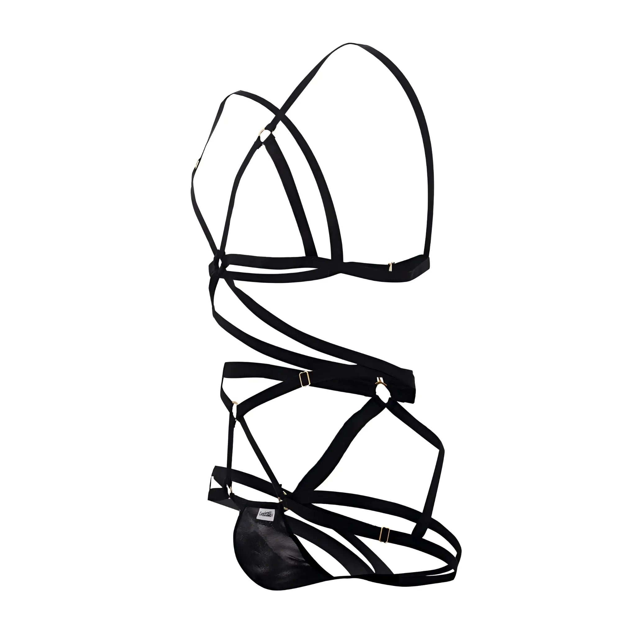 Black candyMan 99635 harness two piece lingerie set with minimalist strappy design and lace-up details