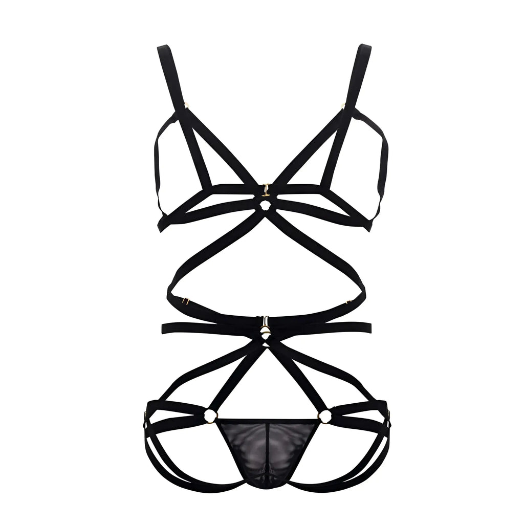 Black strappy lace-up lingerie set with sheer mesh panel candyMan 99635 harness two piece set in black
