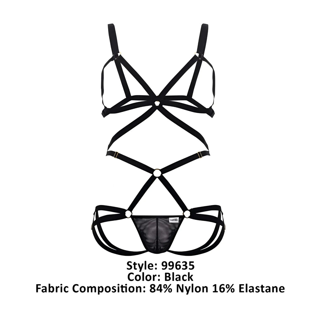 Black strappy lingerie set with crisscross design and mesh panel candyMan 99635 harness two piece set black