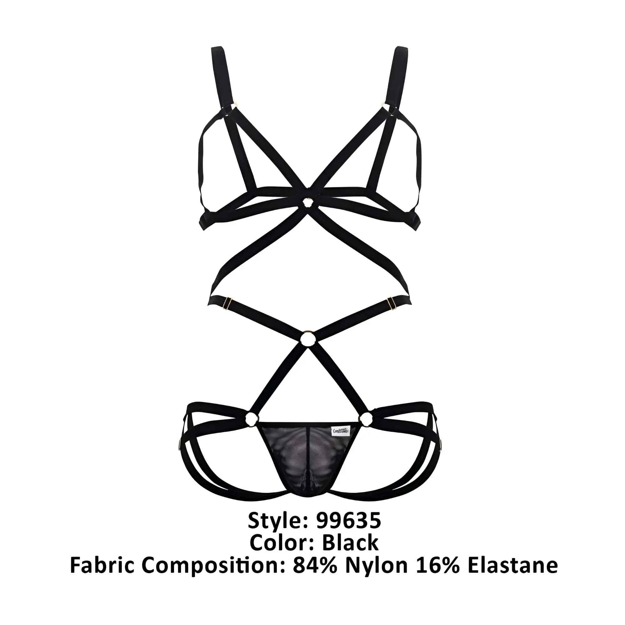 Black strappy lingerie set with crisscross design and mesh panel candyMan 99635 harness two piece set black