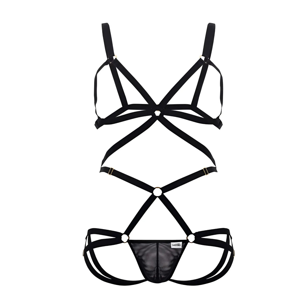 Black strappy lingerie set candy man 99635 harness two piece set with crisscross design and mesh panel