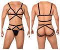 Black strappy harness two piece lingerie set with metallic gold toned hardware candyMan 99635 with front view