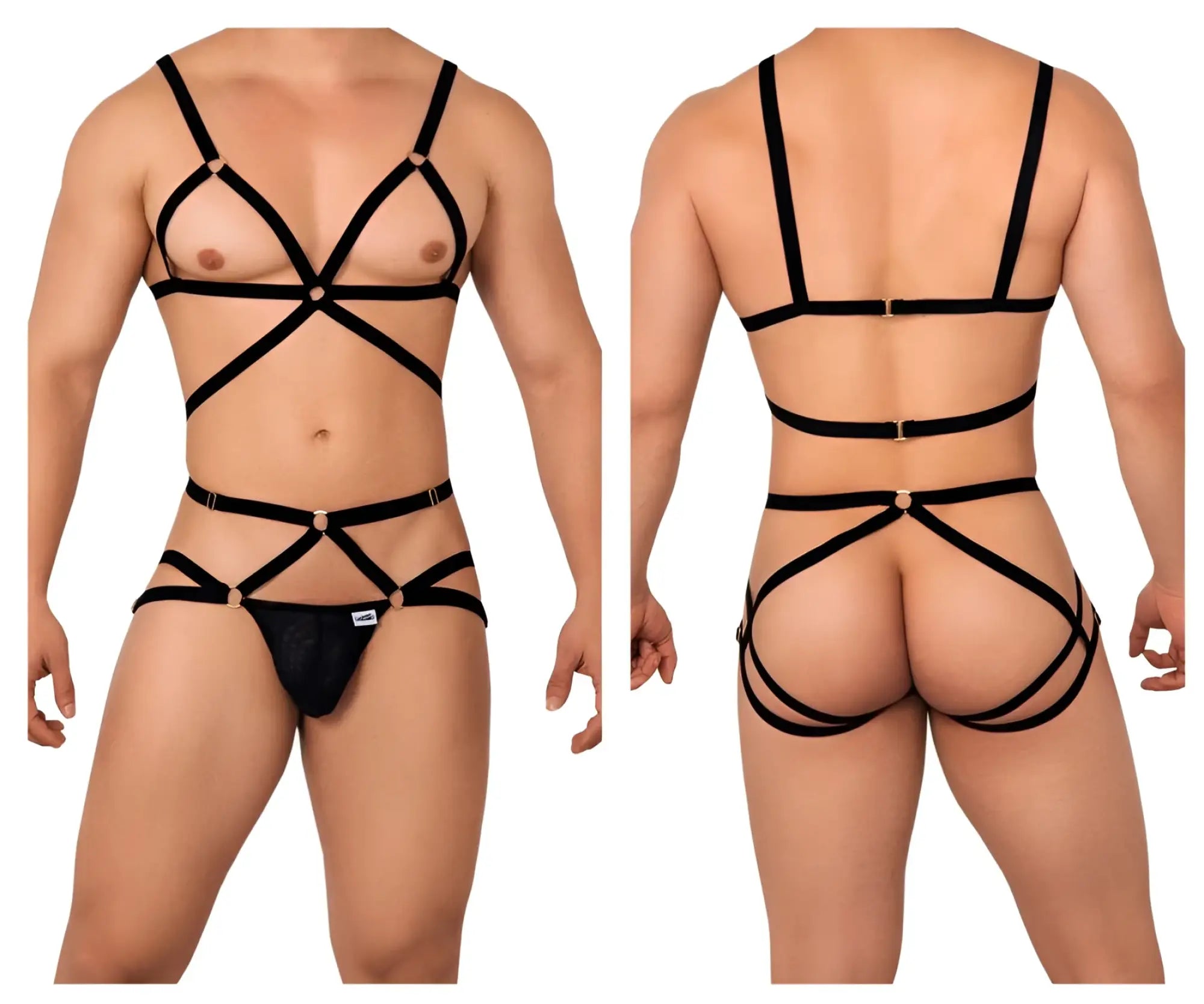 Black strappy harness two piece lingerie set with metallic gold toned hardware candyMan 99635 with front view