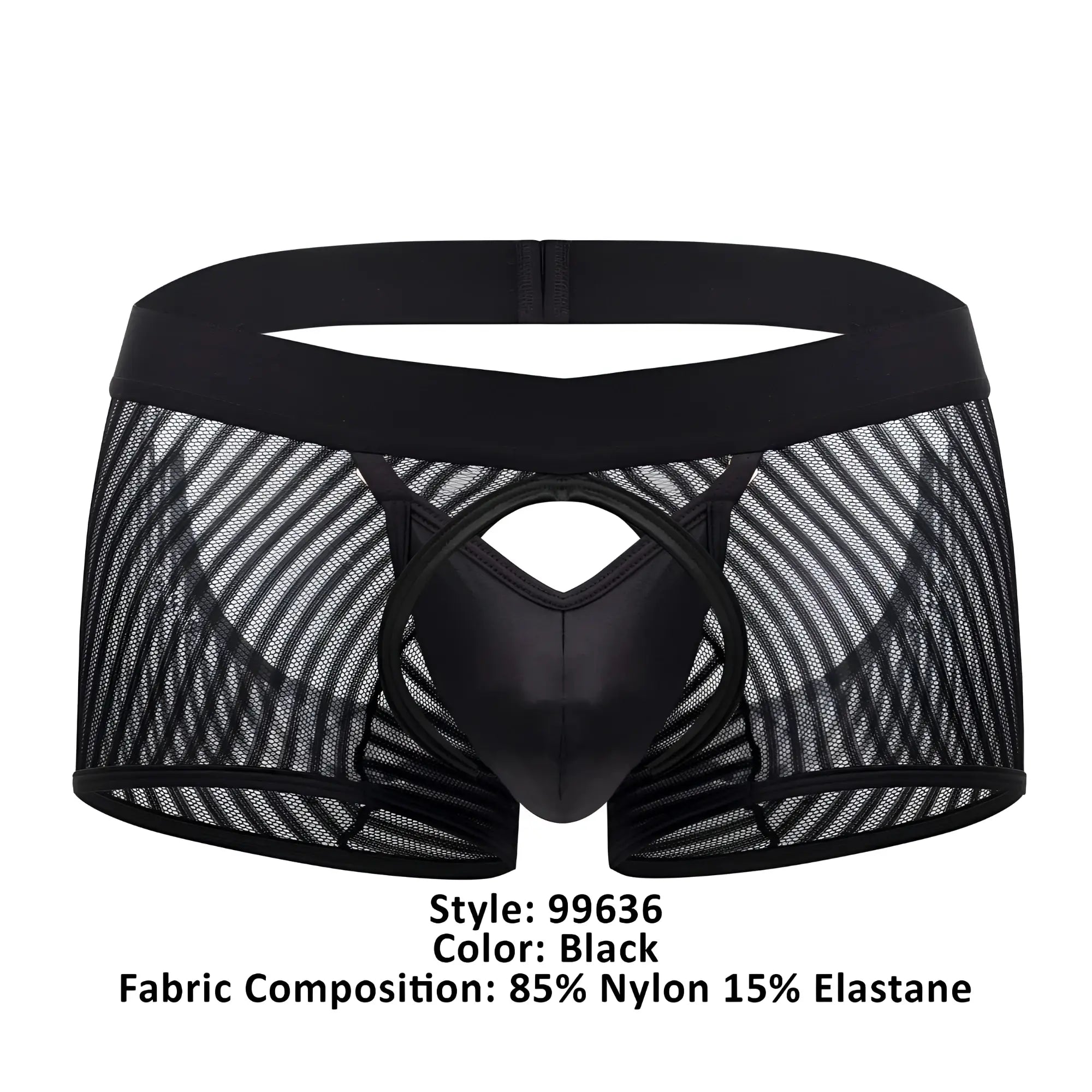 CandyMan 99636 mesh trunks in black feature black mesh briefs with a glossy center panel and elastic waistband