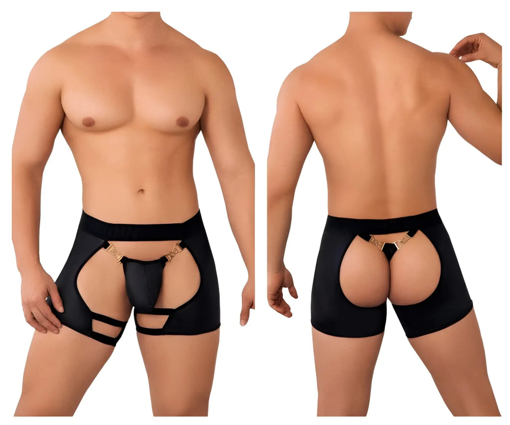 Candyman 99637 chaps thongs in black featuring gold-tone metal accents and cut-out design for bold style