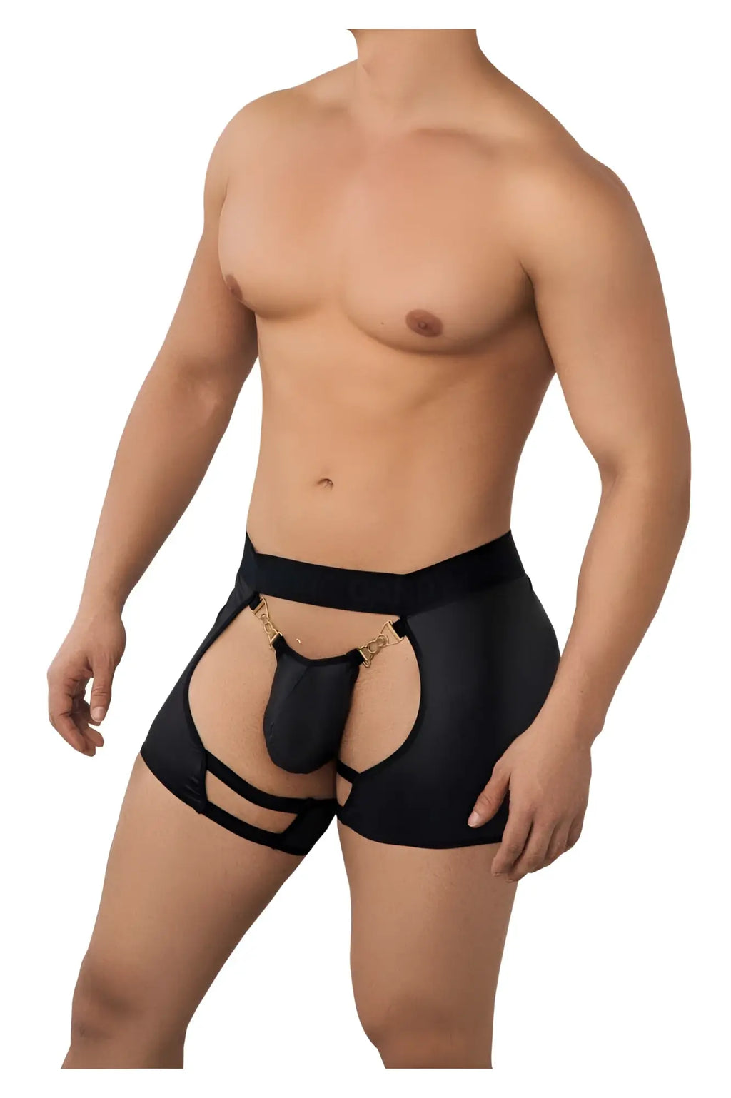 Black CandyMan 99637 chaps thongs with gold tone metal clasps and cutout design for men’s briefs front view