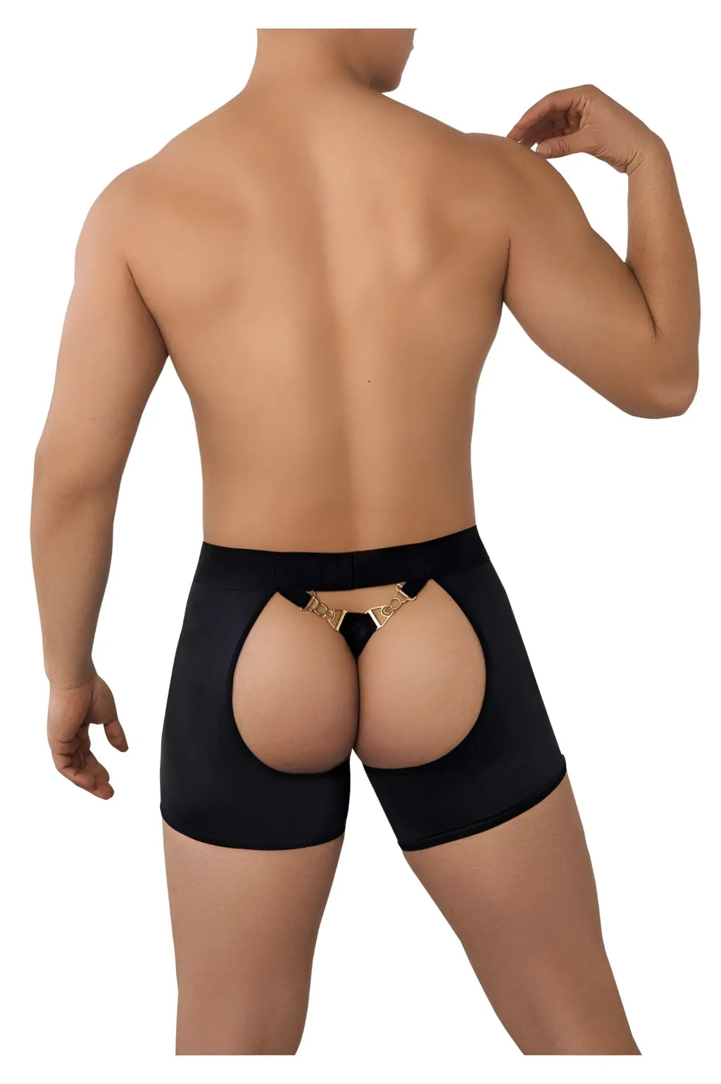 Black candyman 99637 chaps thongs showing high-waisted briefs with gold-tone metallic clasp at the back