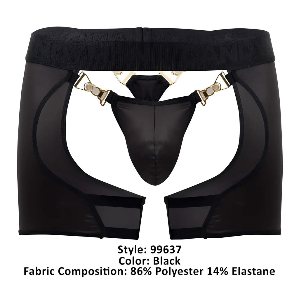 Black candyman 99637 chaps thongs with sheer mesh overlay gold-tone metal clasps and hardware accents