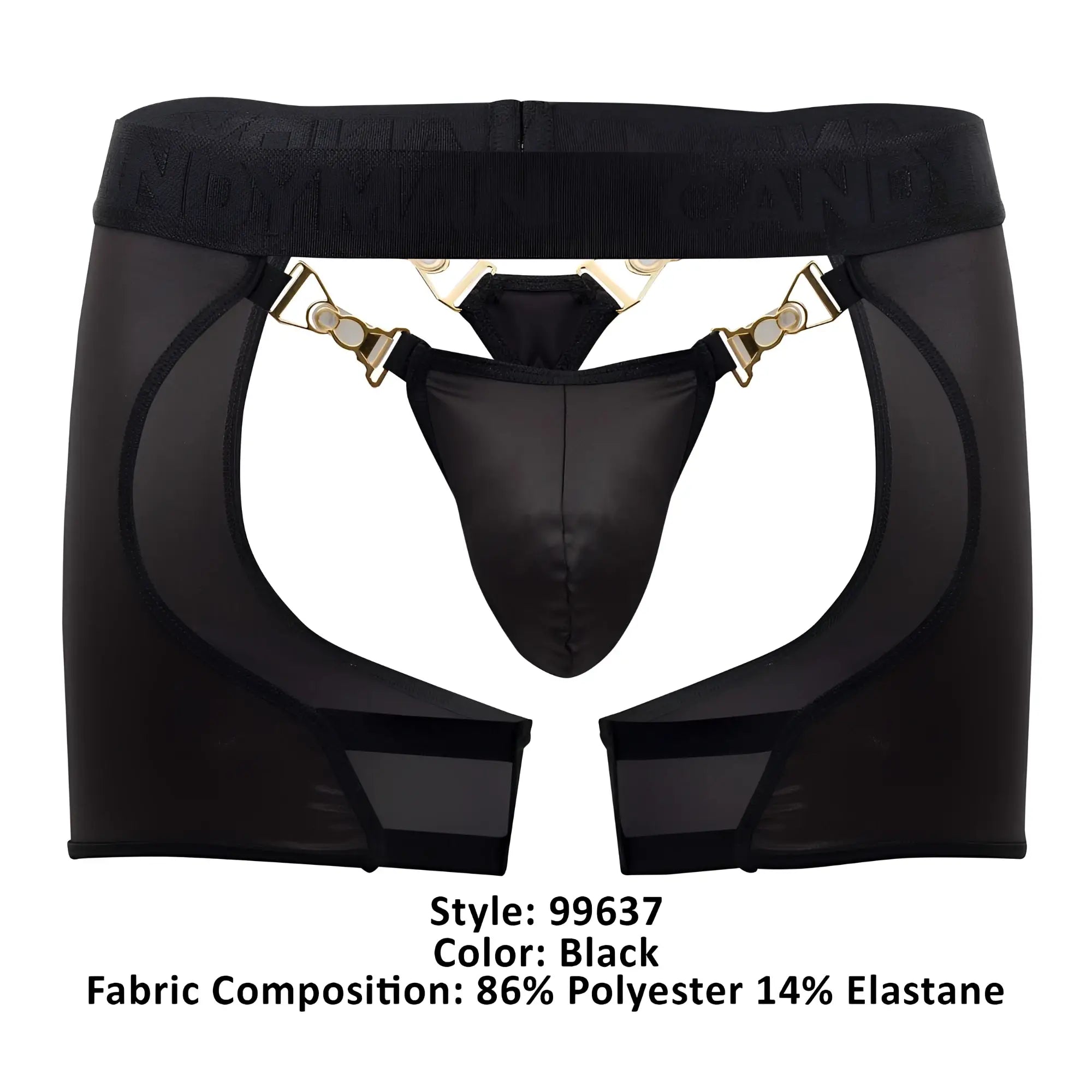 Black candyman 99637 chaps thongs with sheer mesh overlay gold-tone metal clasps and hardware accents