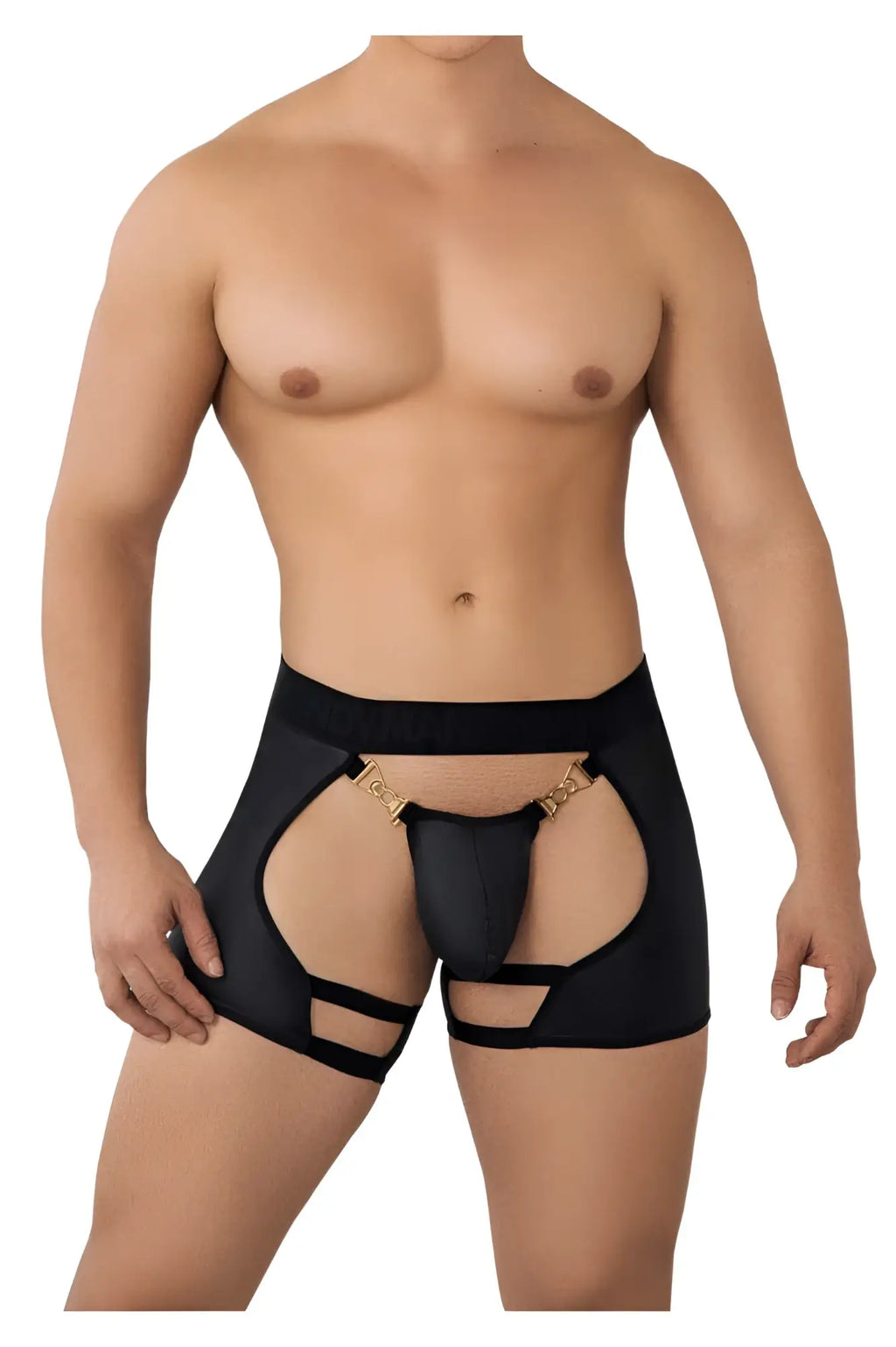 Black candyman 99637 chaps thongs with gold-tone metal clasps and cut-out detailing in form-fitting fabric