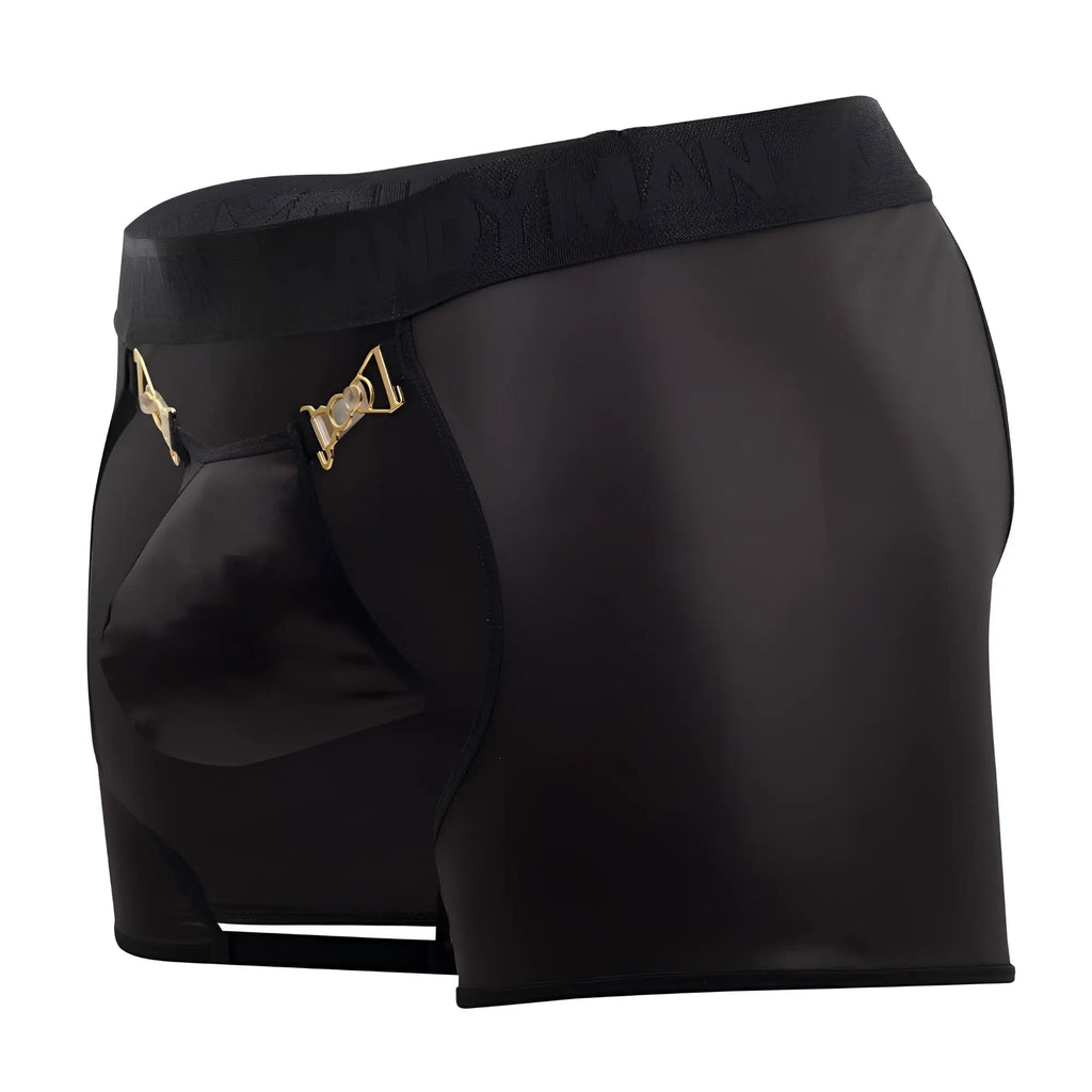 Black satin briefs candyMan 99637 chaps thongs with gold-tone metal clasps and textured waistband in black