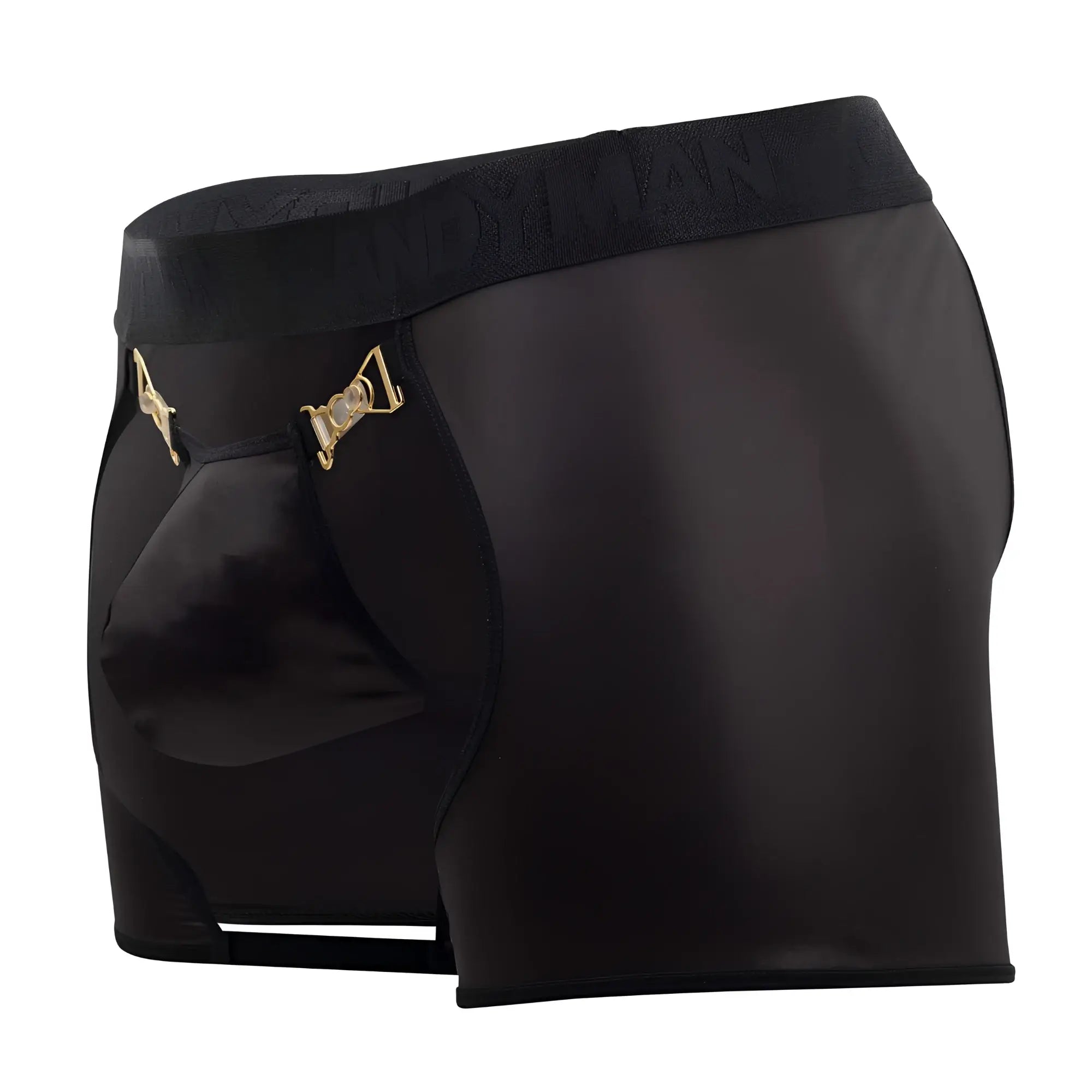 Black satin briefs candyMan 99637 chaps thongs with gold-tone metal clasps and textured waistband in black