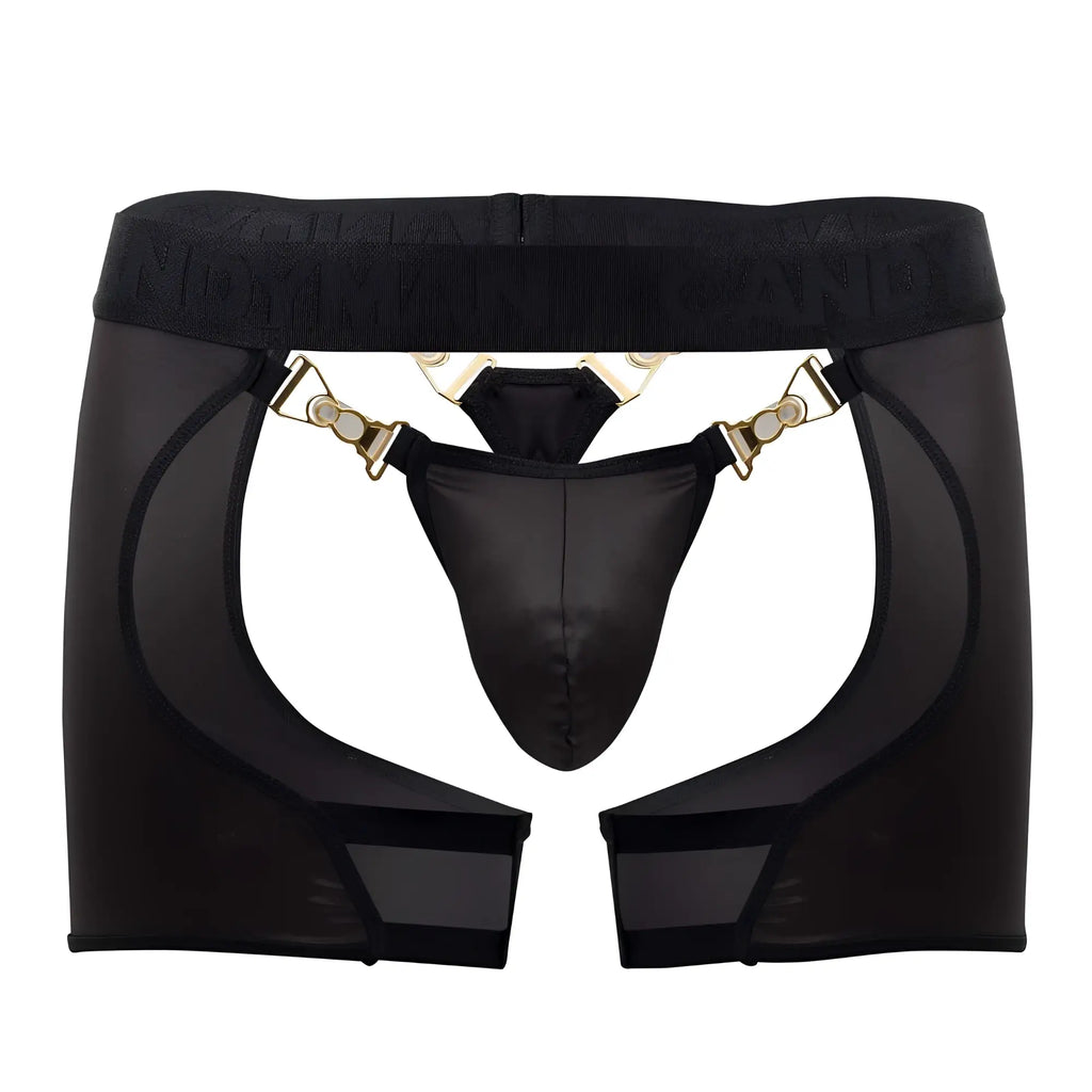 Black sheer mesh CandyMan 99637 chaps thong with gold-tone metal clasps and central black thong in front view