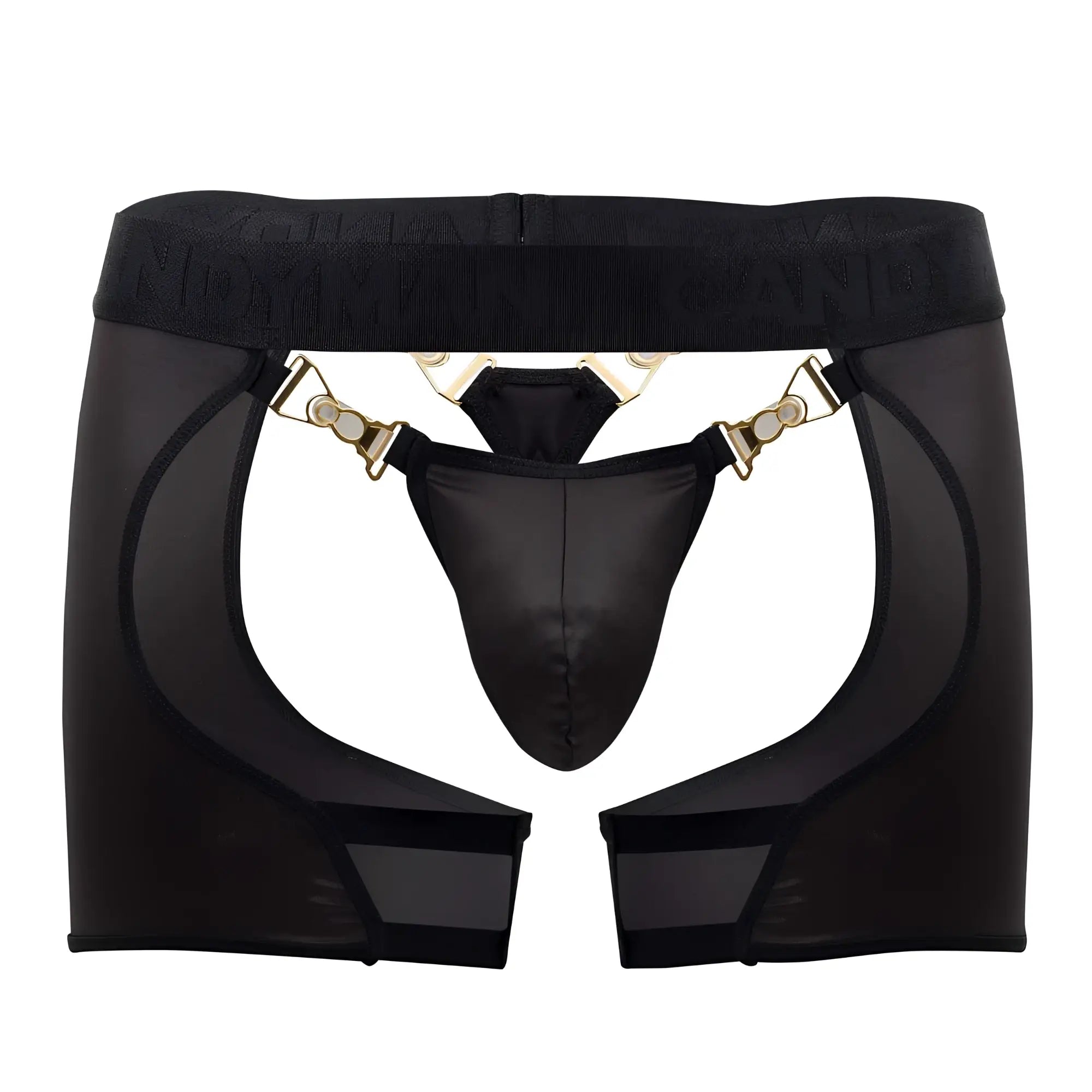 Black sheer mesh CandyMan 99637 chaps thong with gold-tone metal clasps and central black thong in front view