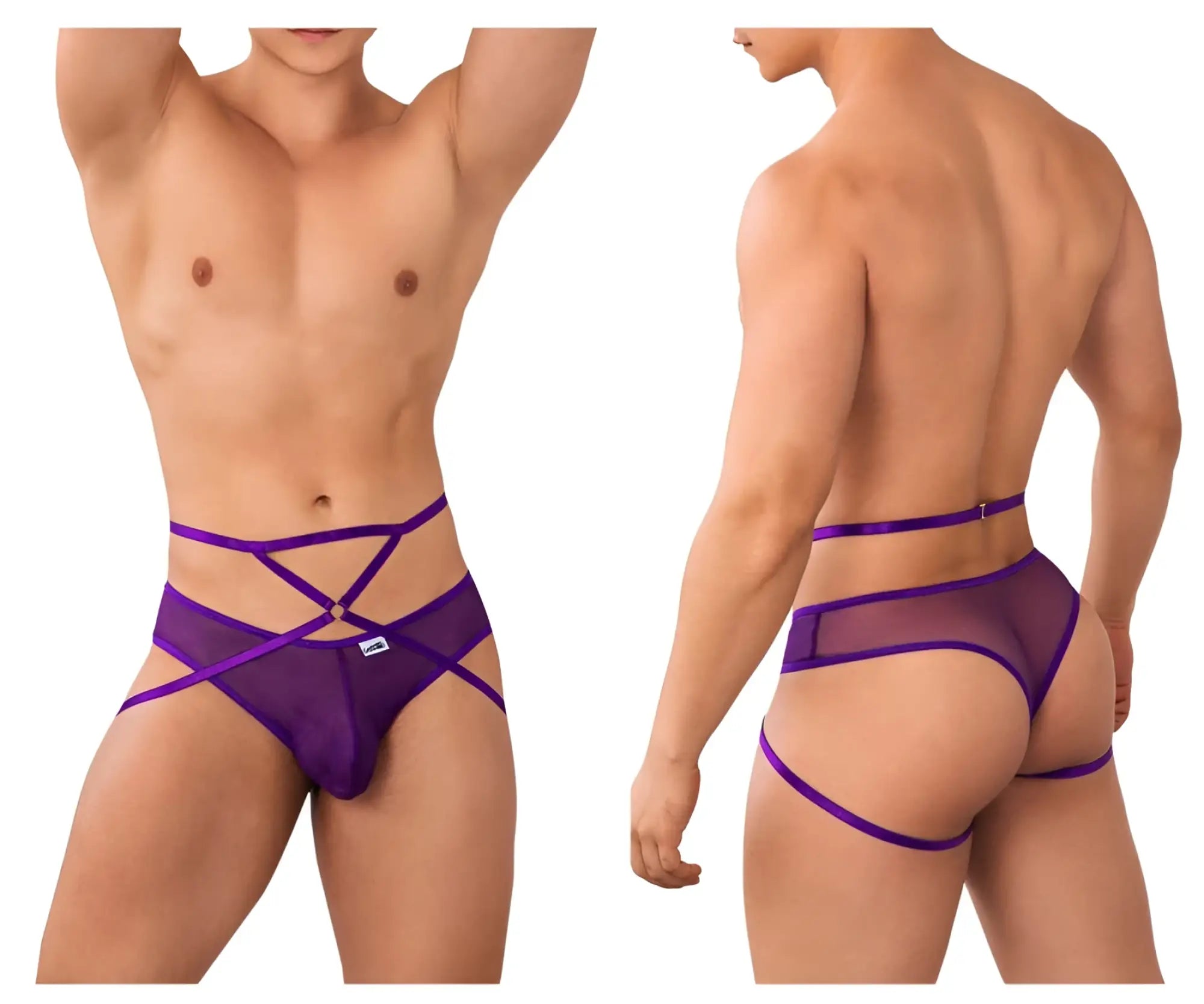 Purple candyMan 99640 mesh briefs with crisscross straps and small brand tag front view