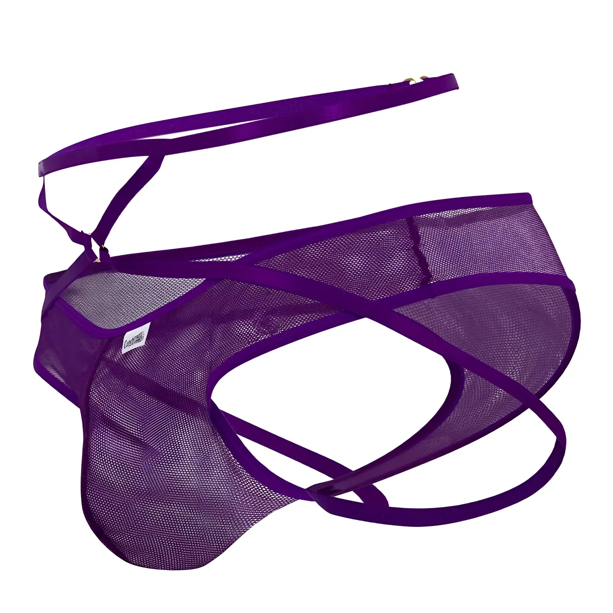 Purple mesh mens underwear with satin straps and a branded tag candyMan 99640 mesh thongs color purple