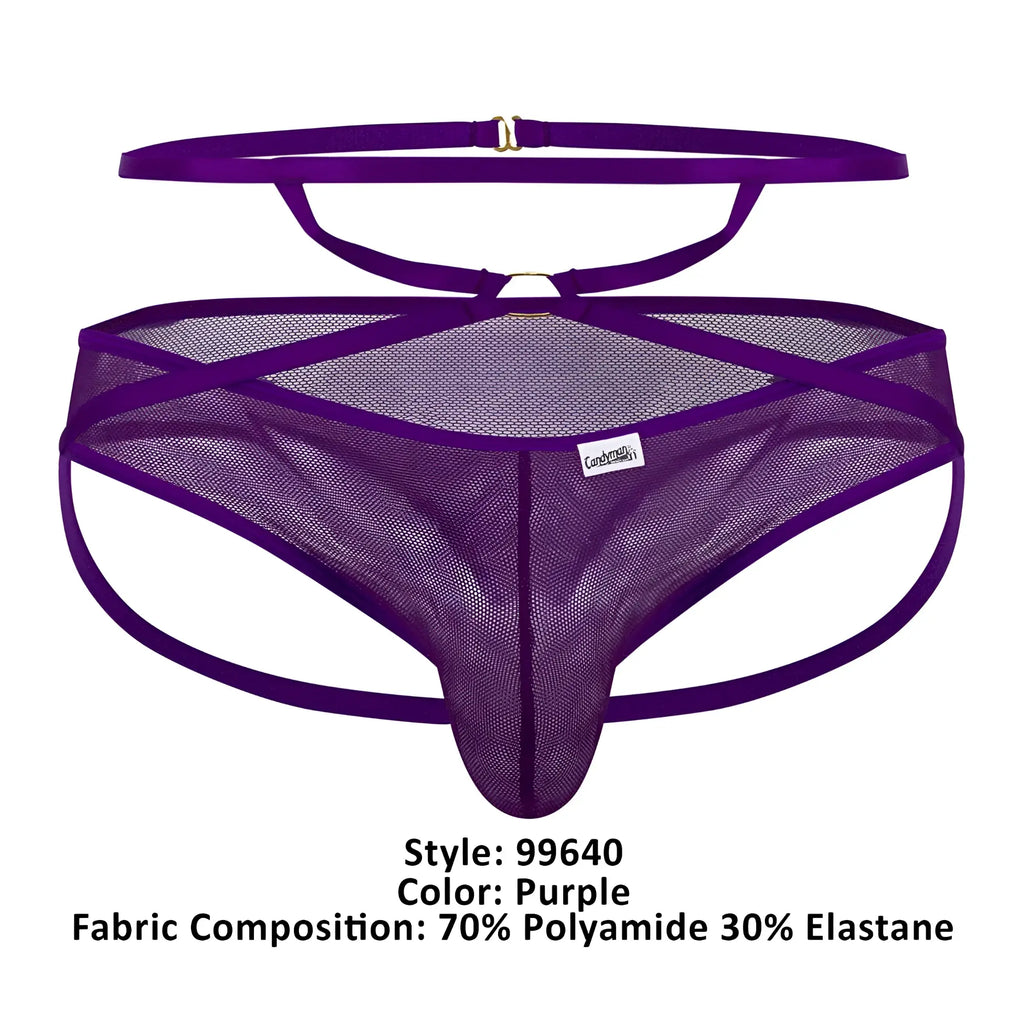 Purple mesh thong candy man 99640 with crisscross design and adjustable straps showing front side