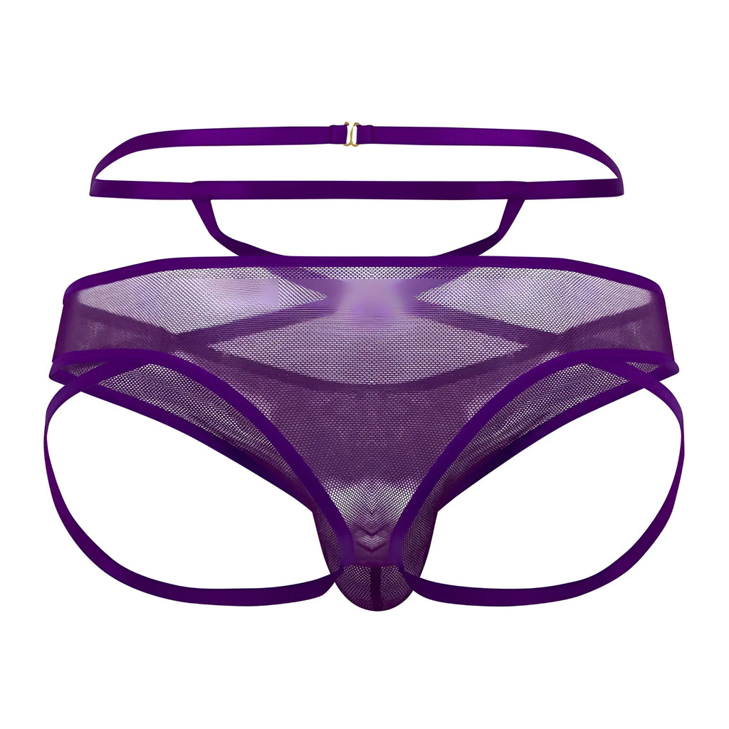 Purple candyman 99640 mesh thong with satin straps and metallic clasp showing front side details