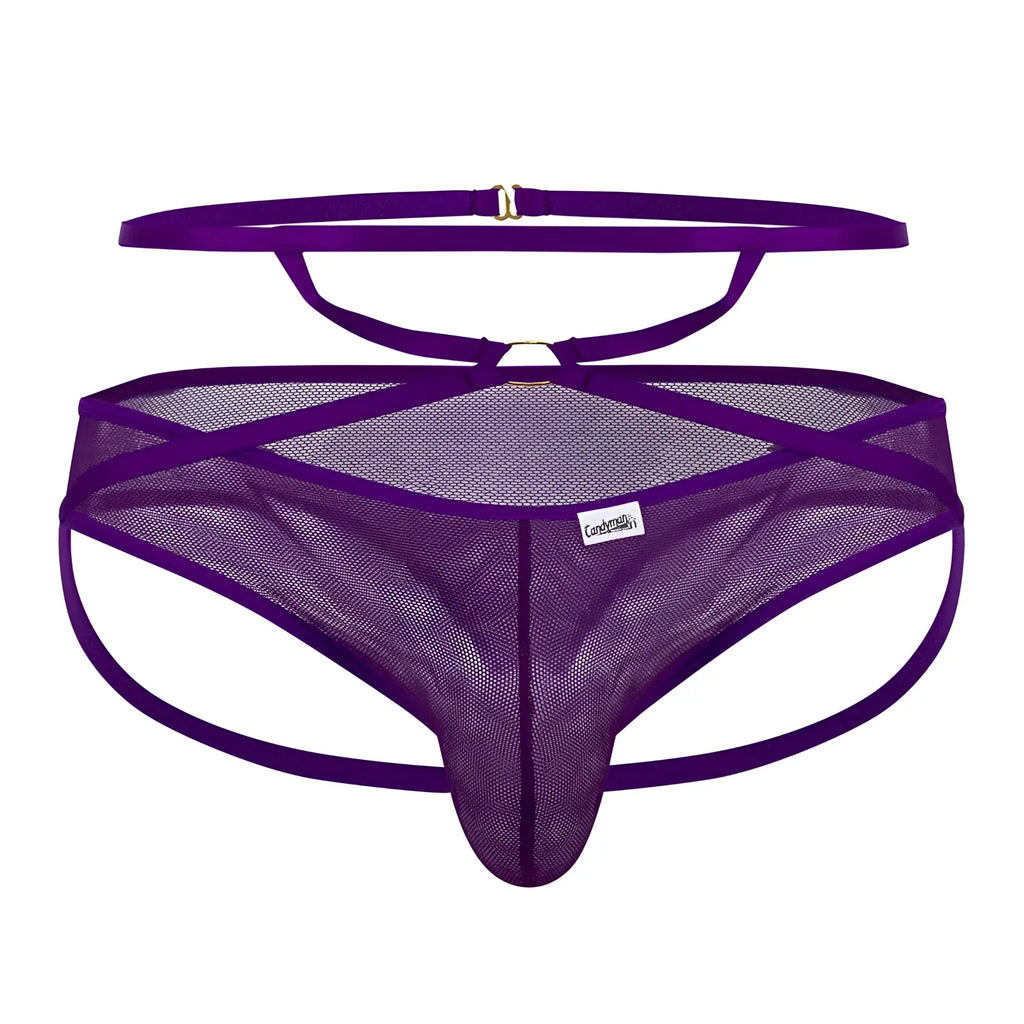 Purple CandyMan 99640 mesh thong with matching waistband, adjustable straps, sleek design, and gold-toned hardware