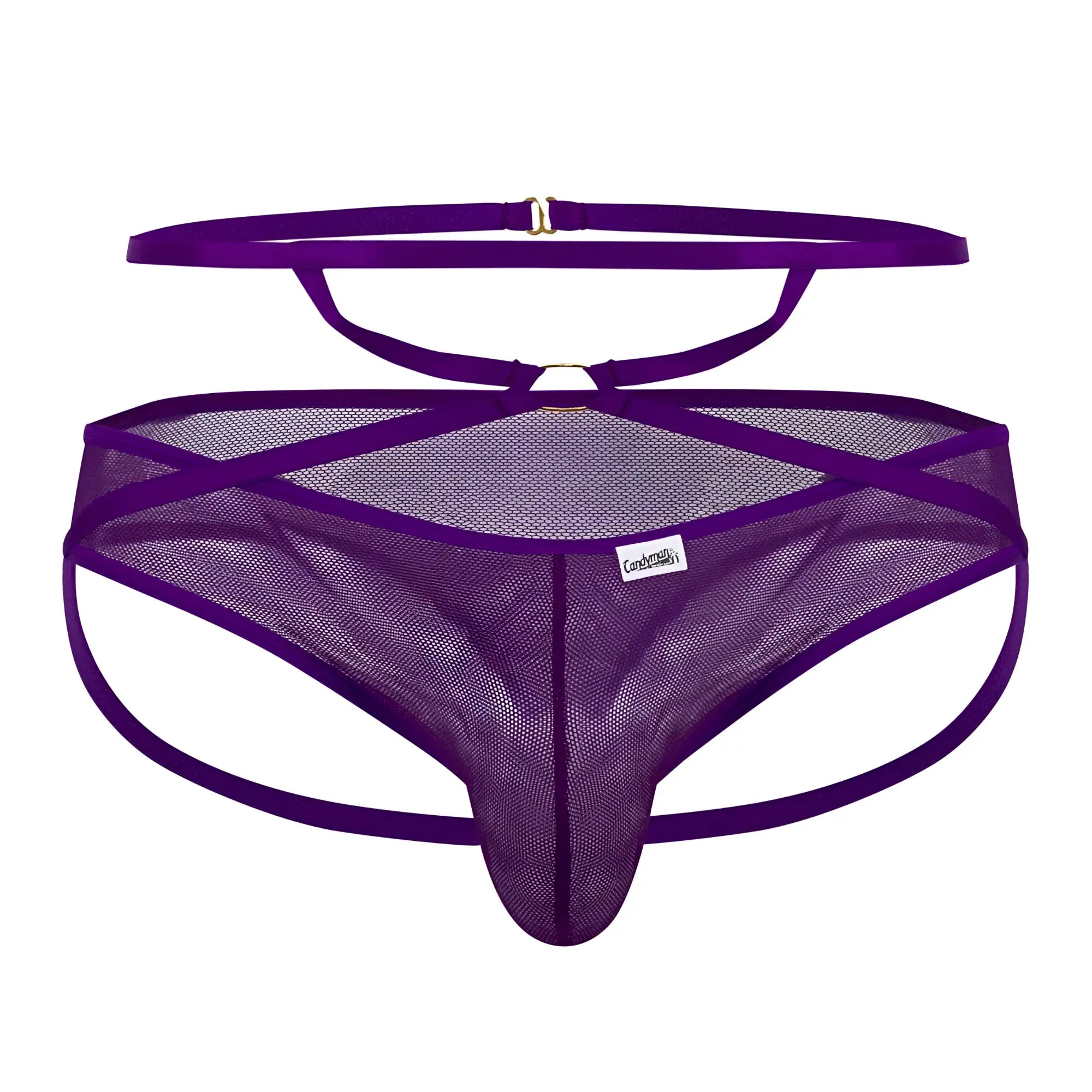 Purple CandyMan 99640 mesh thong with matching waistband, adjustable straps, sleek design, and gold-toned hardware