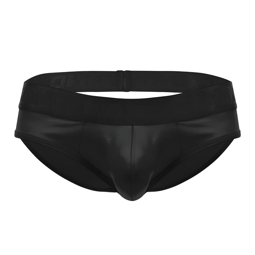 Black patent leather CandyMan 99641 shorty briefs with smooth glossy finish and elastic waistband