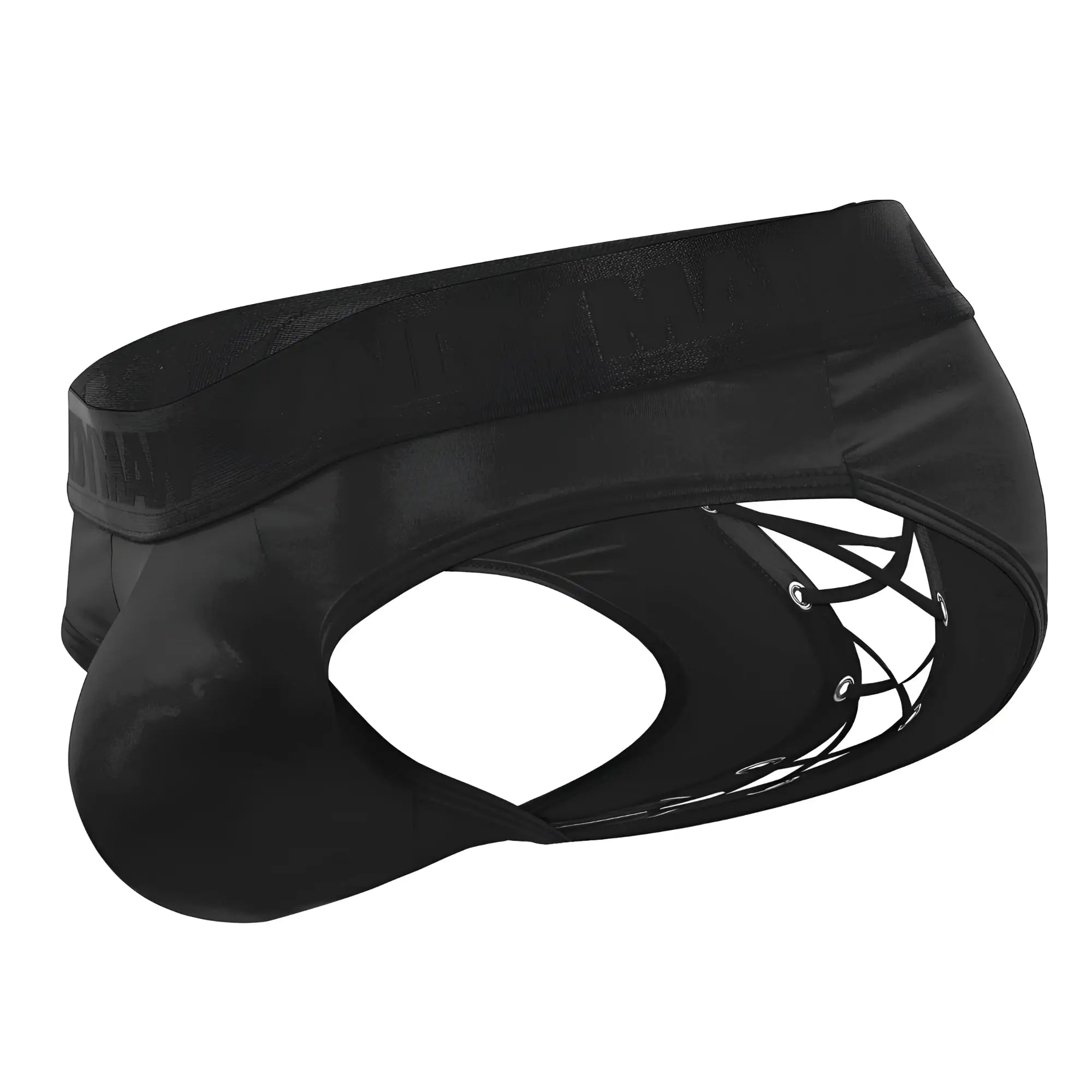 Black satin-like CandyMan 99641 shorty briefs with lace-up design and elastic waistband for men