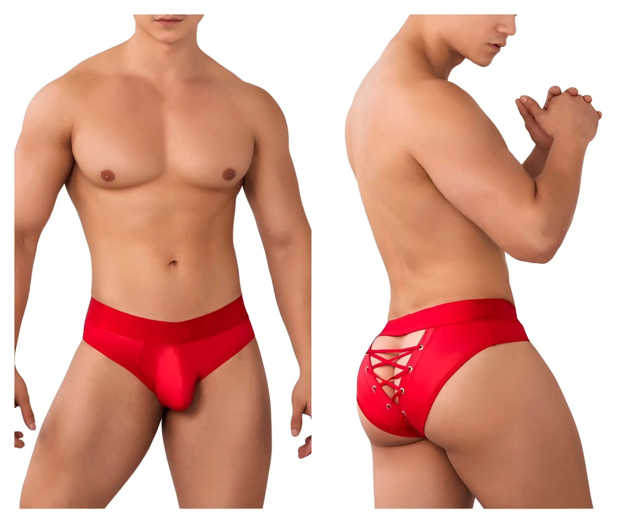 CandyMan 99641 red shorty briefs with satin finish and back lace-up detailing for men