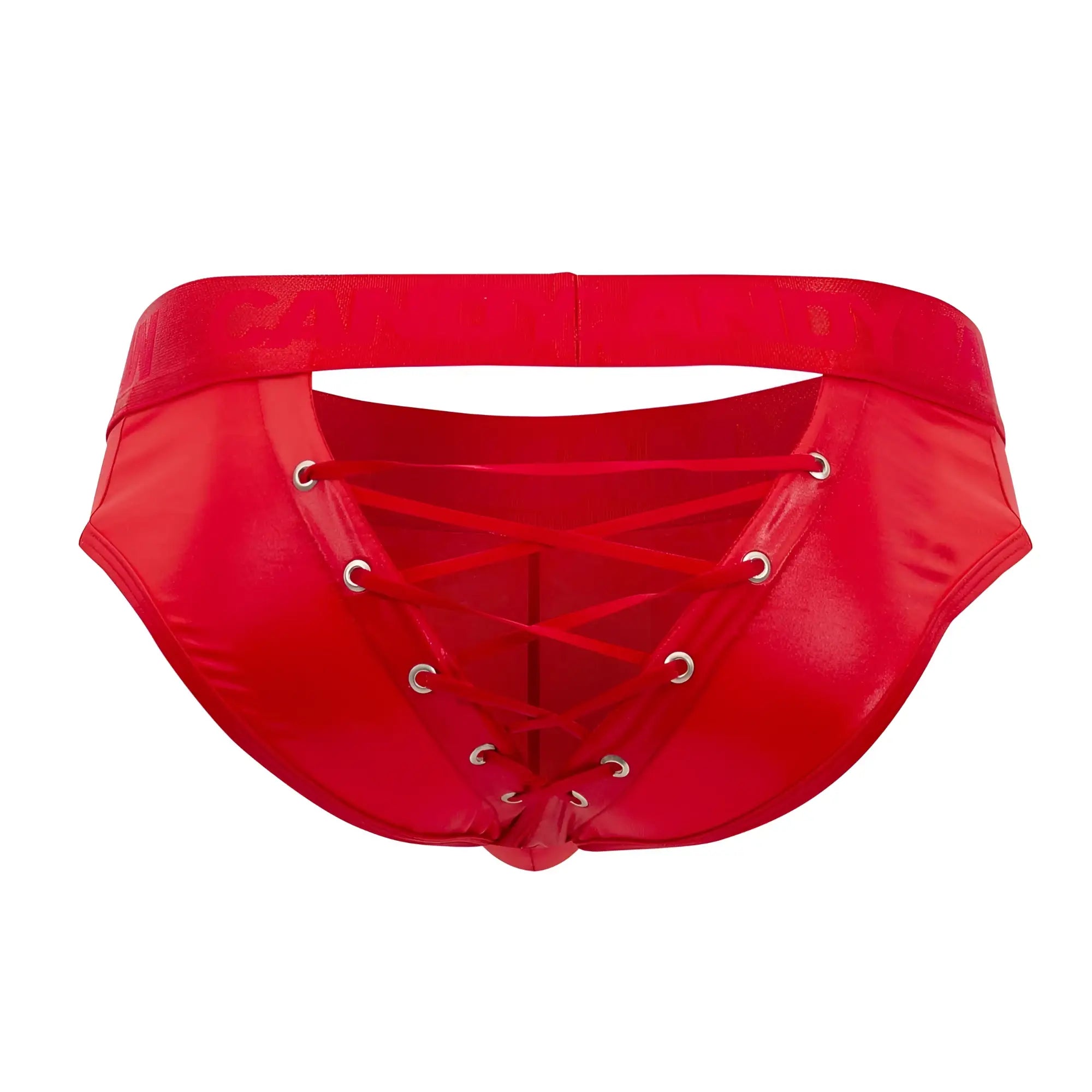 CandyMan 99641 shorty briefs in red patent leather with lace-up front and silver grommets detail