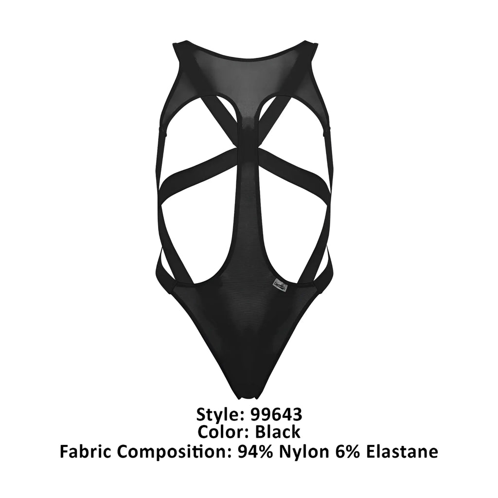 Back view of Candyman 99643 black one-piece swimsuit featuring sheer mesh back and crisscross elastic straps