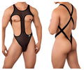 Black sheer mesh one-piece swimsuit candyMan 99643 with black elastic straps and cutouts, front view