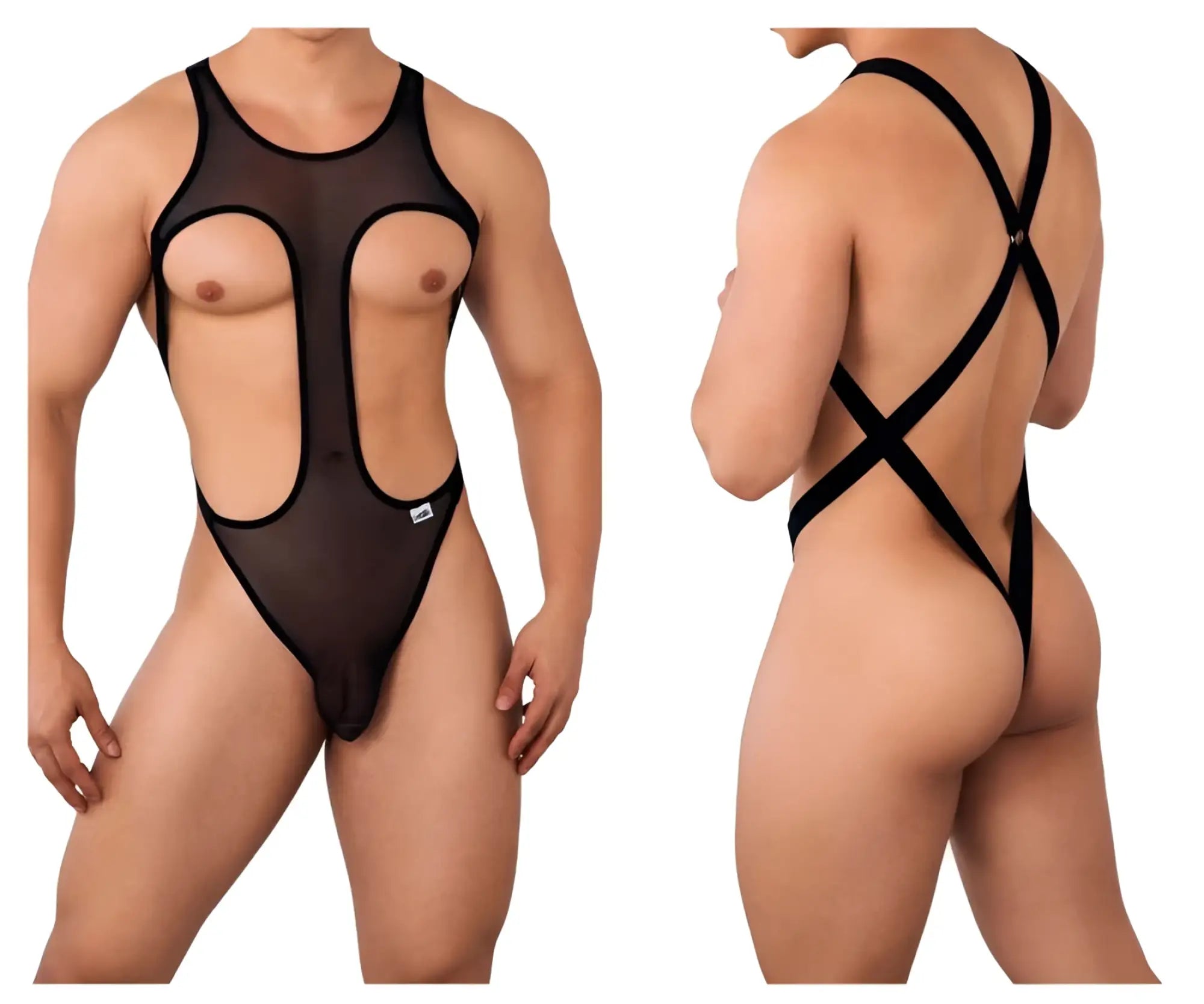 Black sheer mesh one-piece swimsuit candyMan 99643 with black elastic straps and cutouts, front view