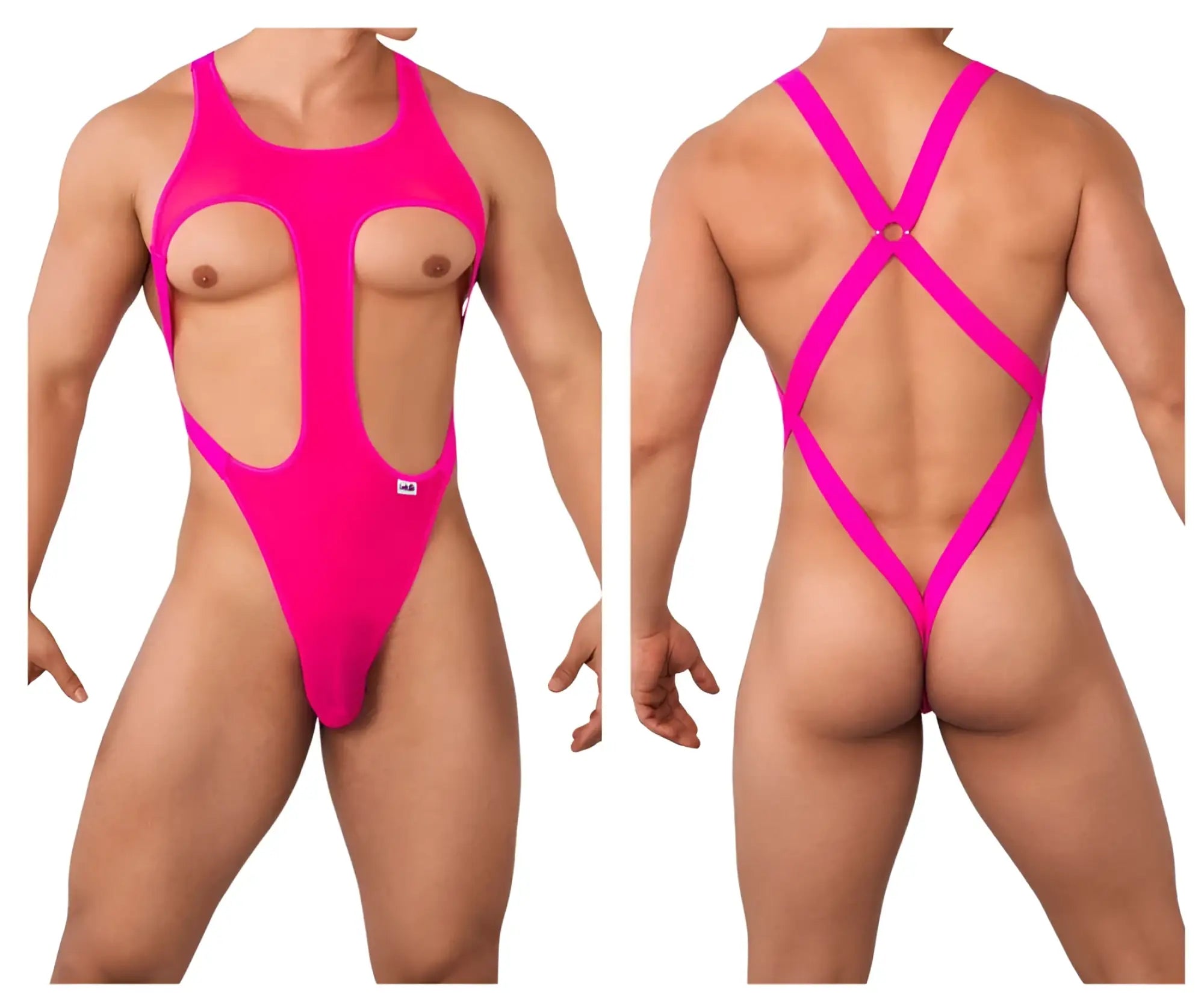 Bright pink CandyMan 99643 mesh bodysuit with sheer cutout front and crisscross back straps visible from back side