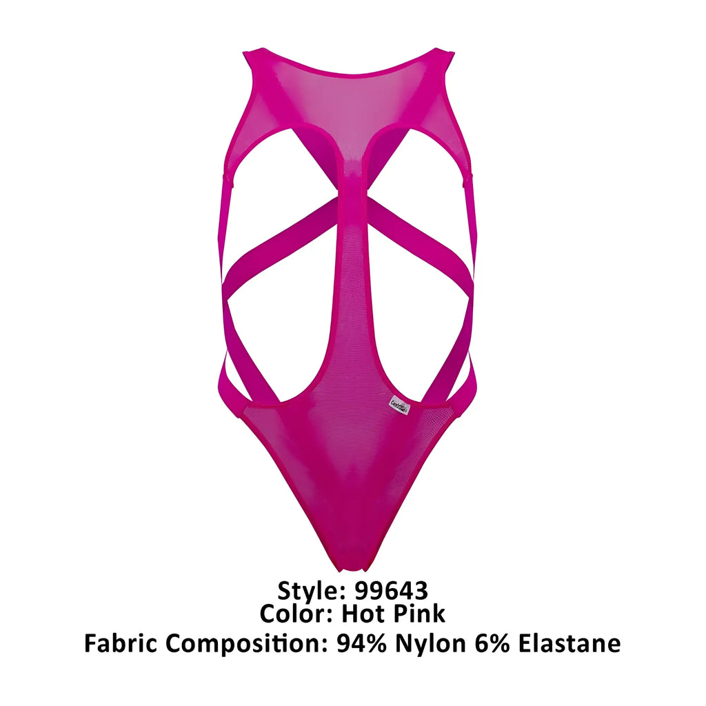 Hot pink CandyMan 99643 one-piece mesh bodysuit with crisscross strap design for stylish swimwear look