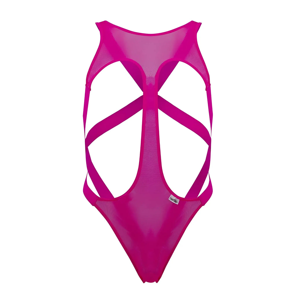 CandyMan 99643 mesh bodysuit in hot pink featuring a vibrant fuchsia mesh one-piece with bold crisscross straps
