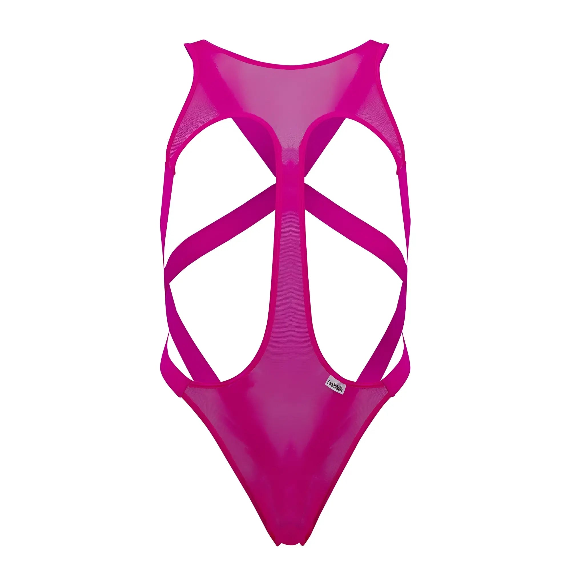 CandyMan 99643 mesh bodysuit in hot pink featuring a vibrant fuchsia mesh one-piece with bold crisscross straps