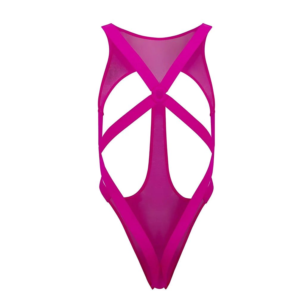 A vibrant fuchsia mesh one-piece swimsuit with a bold crisscross back design candy man 99643 hot pink