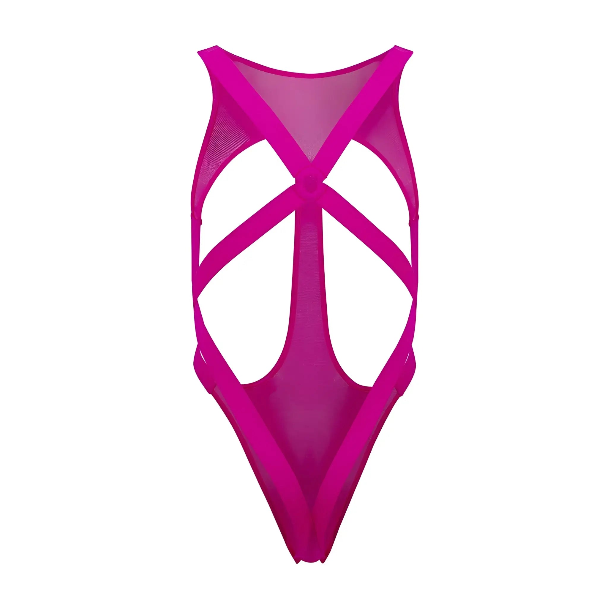 A vibrant fuchsia mesh one-piece swimsuit with a bold crisscross back design candy man 99643 hot pink