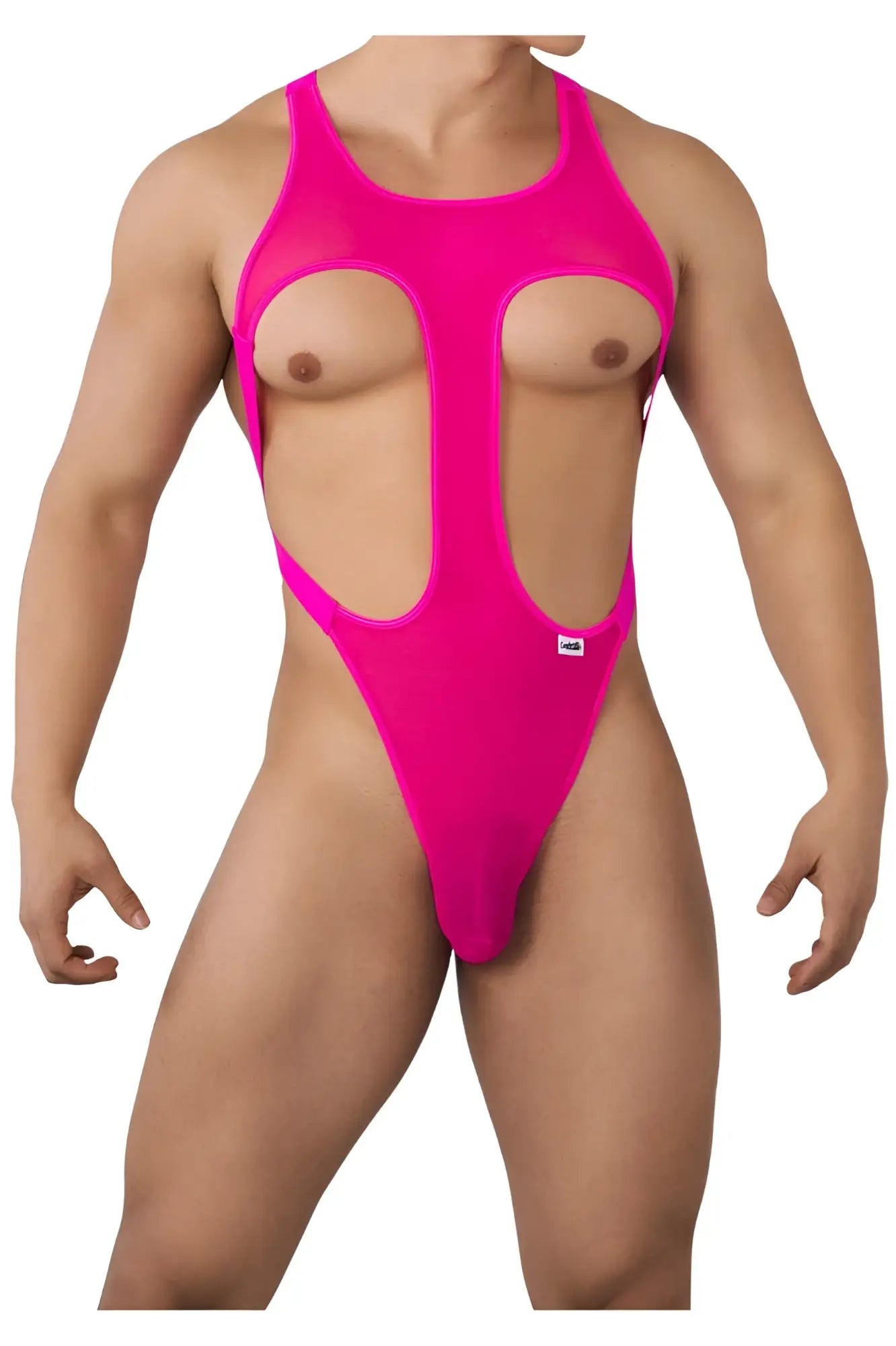 Vibrant hot pink fuchsia mesh one-piece swimsuit with cutout design candyMan 99643 mesh bodysuit