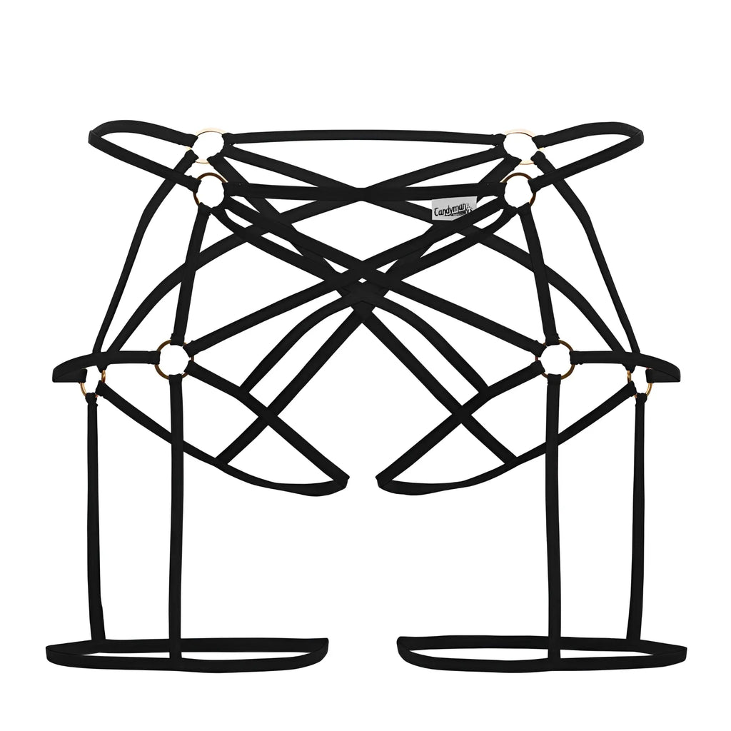 Black lace-up strappy harness with gold-toned rings and minimalist design from candyman 99646 cage jockstrap collection
